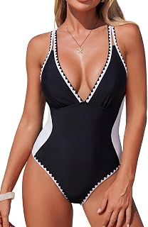 Women One Piece Tummy Control Swimsuit Sexy Color Block Bathing Suits Crisscross Back V Neck Shell Stitch Swim Suit