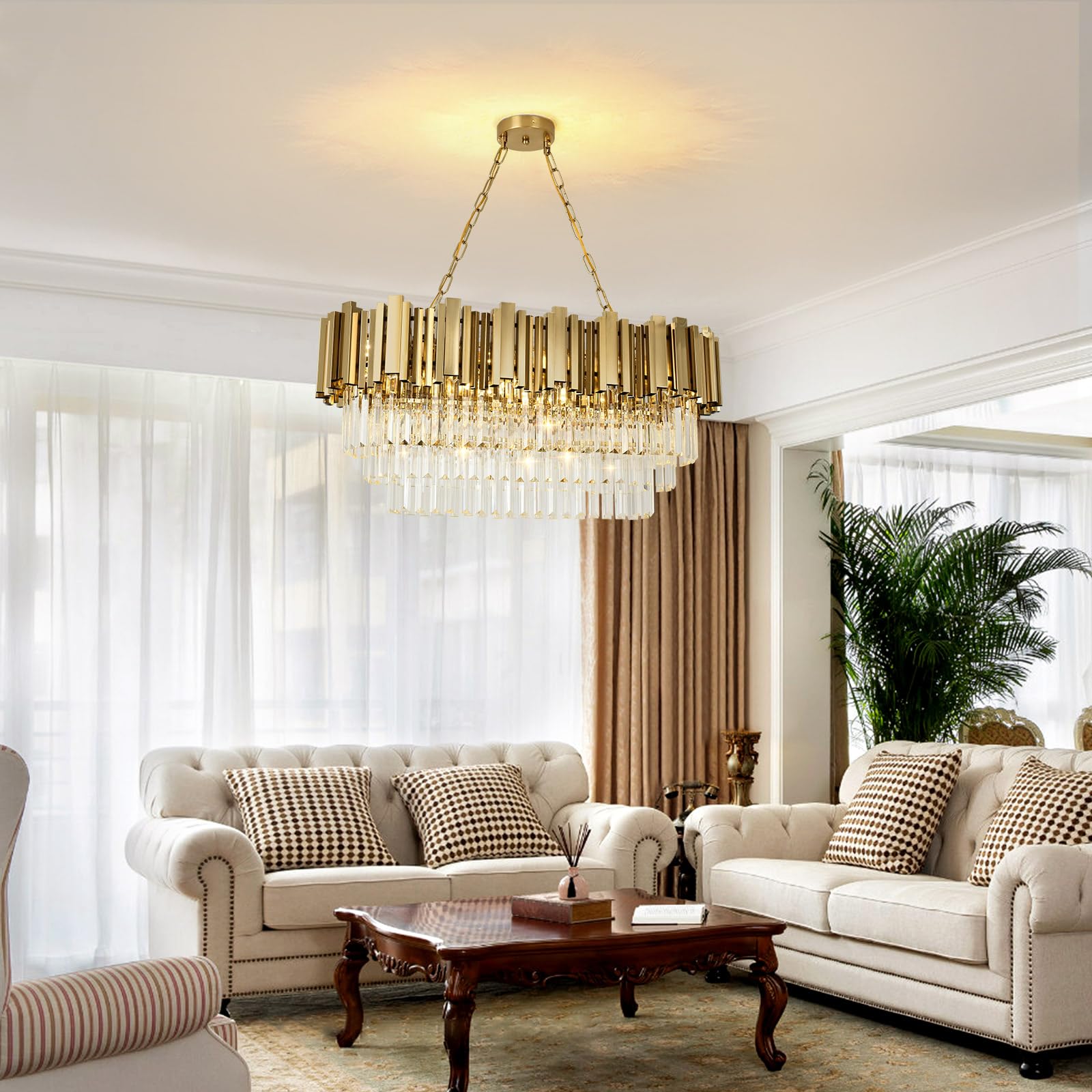Lampadario moderno in cristallo oro, illuminazione a sospensione ovale in cristallo per soggiorno, sala da pranzo, camera da letto, ristorante, E14 x 8, 80 x 35cm