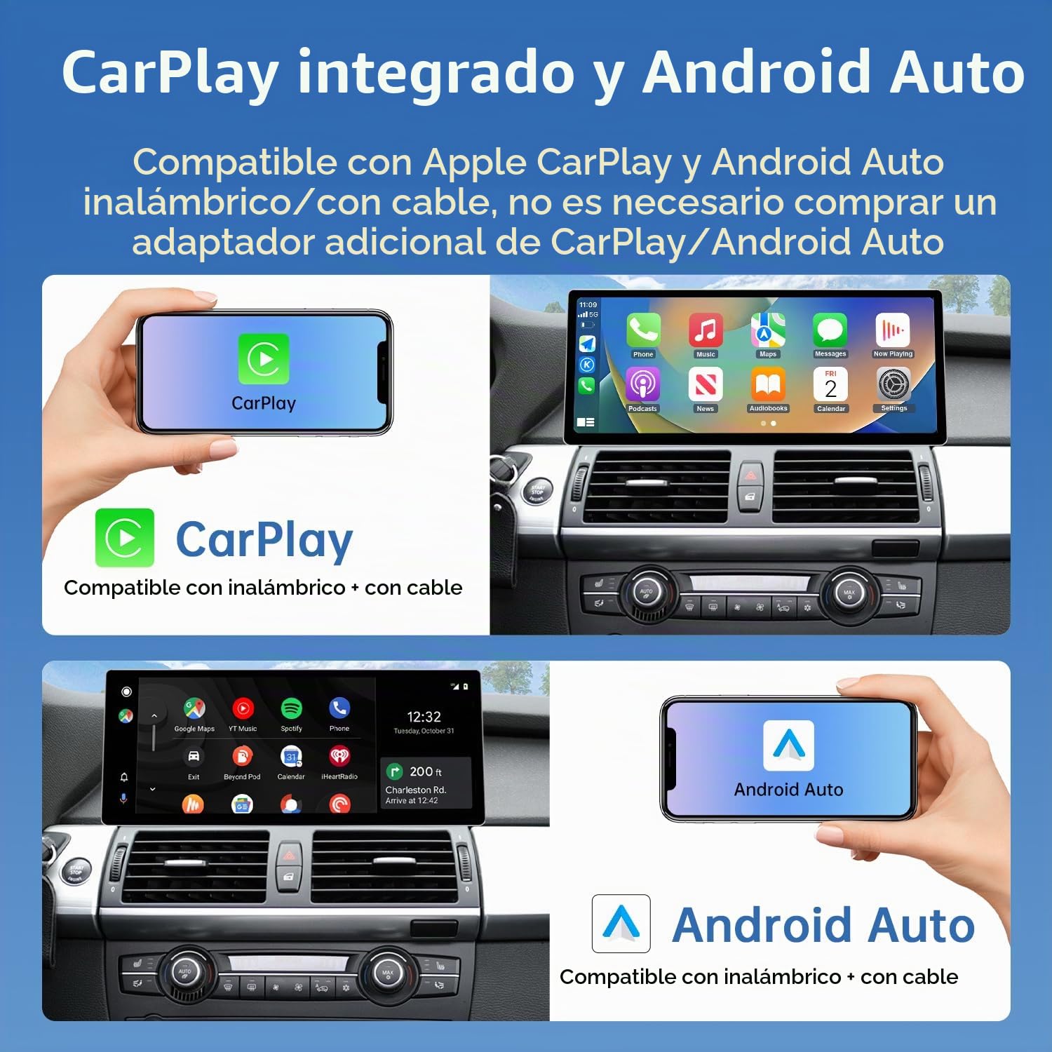 Road Top 12,3" Radio Coche CarPlay para BMW Serie X5 X6 E70/E71 con CCC | 2007-2009, Radio de Coche, Pantalla HD Linux, Bisel Ultrafino, CarPlay Inalámbrico, Android Auto, MirrorLink, Integración OEM