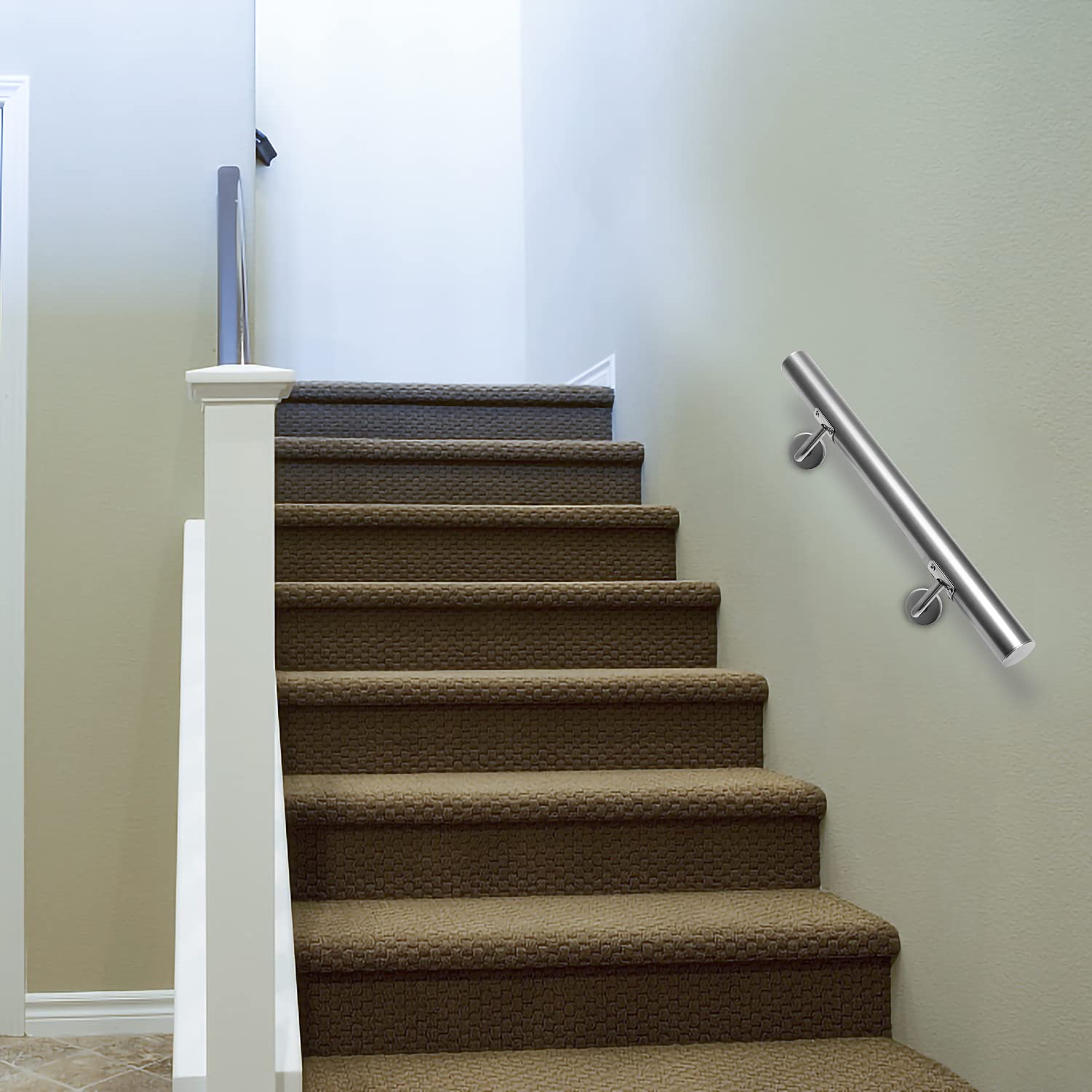 Lospitch Pasamanos de acero inoxidable, pasamanos de pared, para interior y exterior, incluye soporte de pared y tapas finales, 50 cm