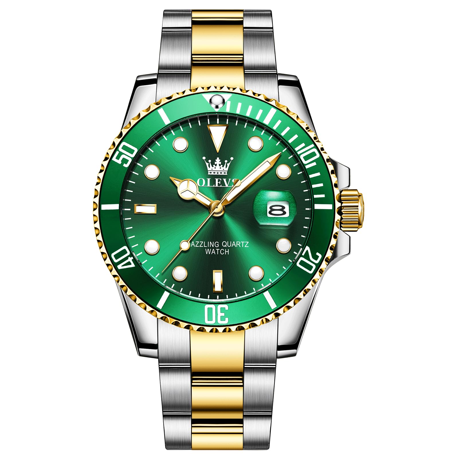 OLEVSMen's Watch, Big Face Gold Silver Tone Stainless Steel Analog Quartz Watch with Date, Luxury Fashion Rotatable Bezel Waterproof Luminous Dress Watch for Men (Blue/Black/Green Dial)