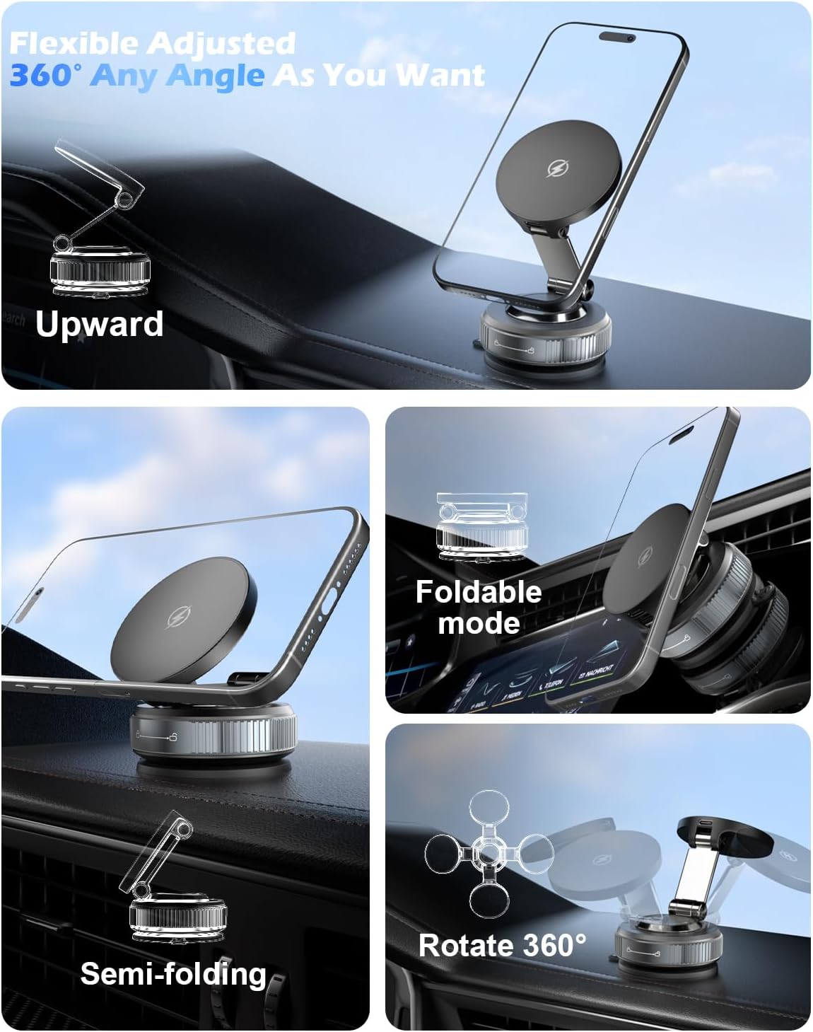 CloudValley 15W Magnetic Wireless Car Charger Mount, Nano Gel Vacuum Suction Cup Phone Holder for Dashboard & Windshield, Foldable 360° Adjustable Cell Phone Charging Stand Compatible with MagSafe