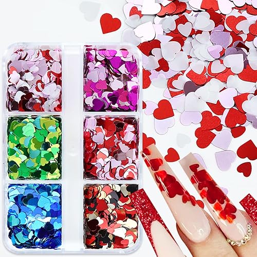 Calcomanías 3D de corazón para uñas calcomanías con purpurina y lentejuelas de corazón suministros de uñas brillantes copos de uñas de tamaño mixto