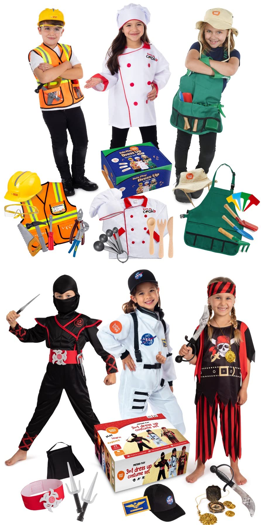 Born Toys Dress up & Pretend Play, Construction Worker, Chef and Gardener & Ninja, Astronaut and Pirate Costume for Boys & Girls Ages 3-7