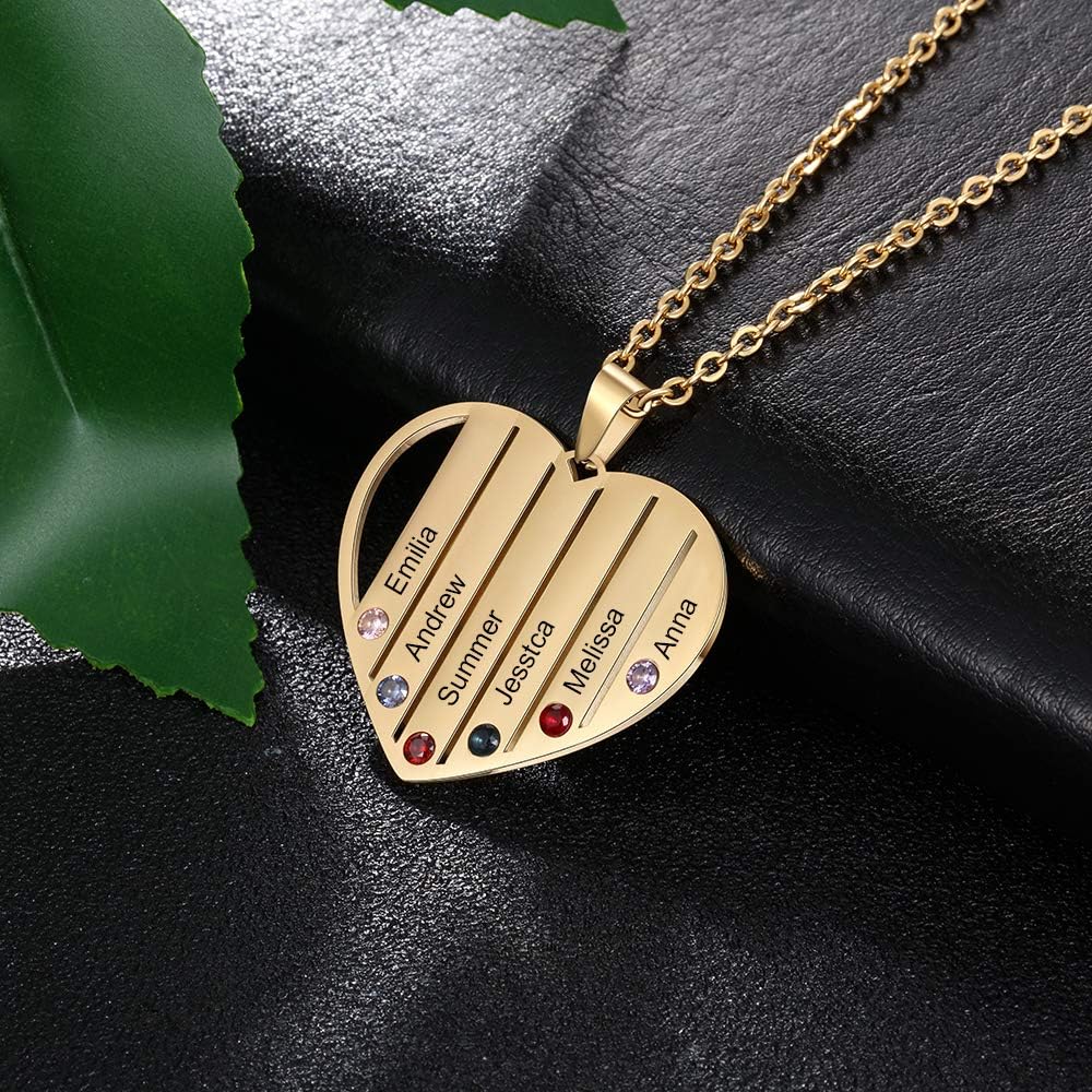 Personalized Hearts Necklace with 4/5/6 Simulated Birthstones for Women Customized Mothers Names Necklace for Mother's Day Relationship Necklace Family Name Necklaces for Mom (Gold, 6 names)