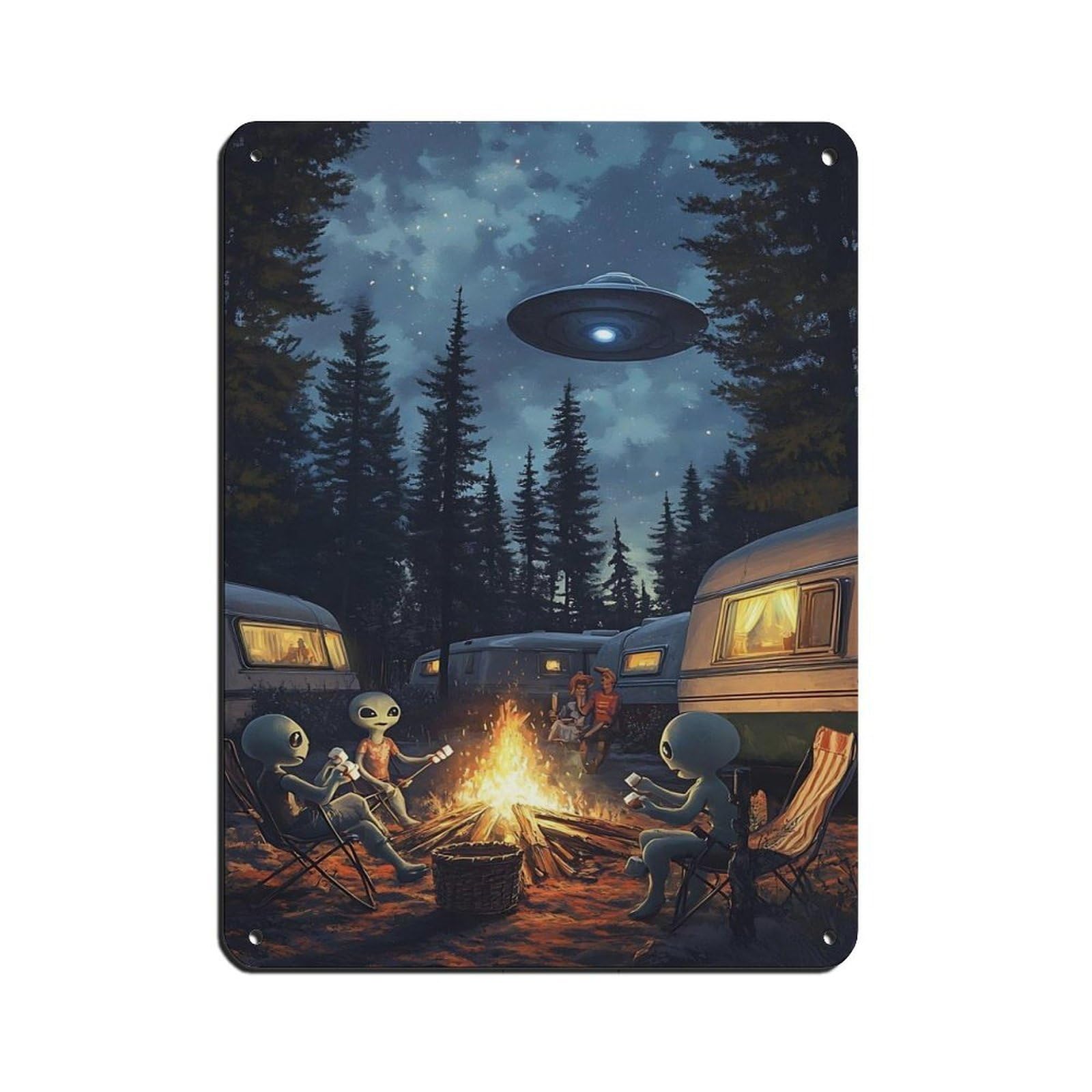Lxwnze 30L X 40W Cm Alien Camping Scene Ufo Art Tin Sign Vintage Metal Pub Club Cafe Bar Home Wall Art Decoration Poster Retro 12X16inch(30X40cm)