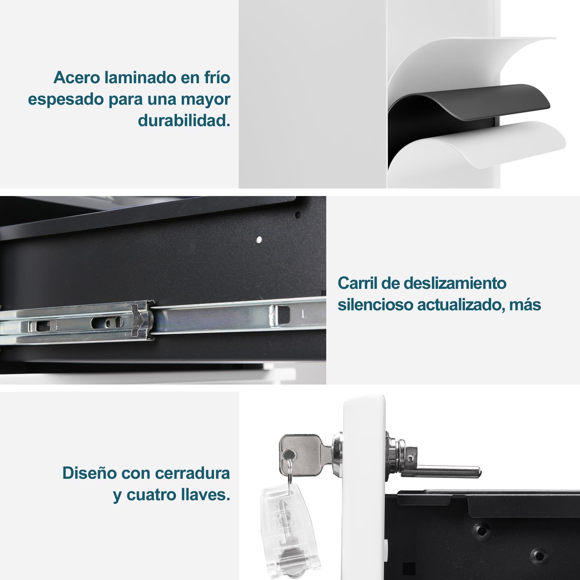 Archivador Móvil, Cajonera de Escritorio Metálica Cerrable, con 4 Llaves, Completamente Ensamblado, para A4/Documentos/Carpetas de Archivo