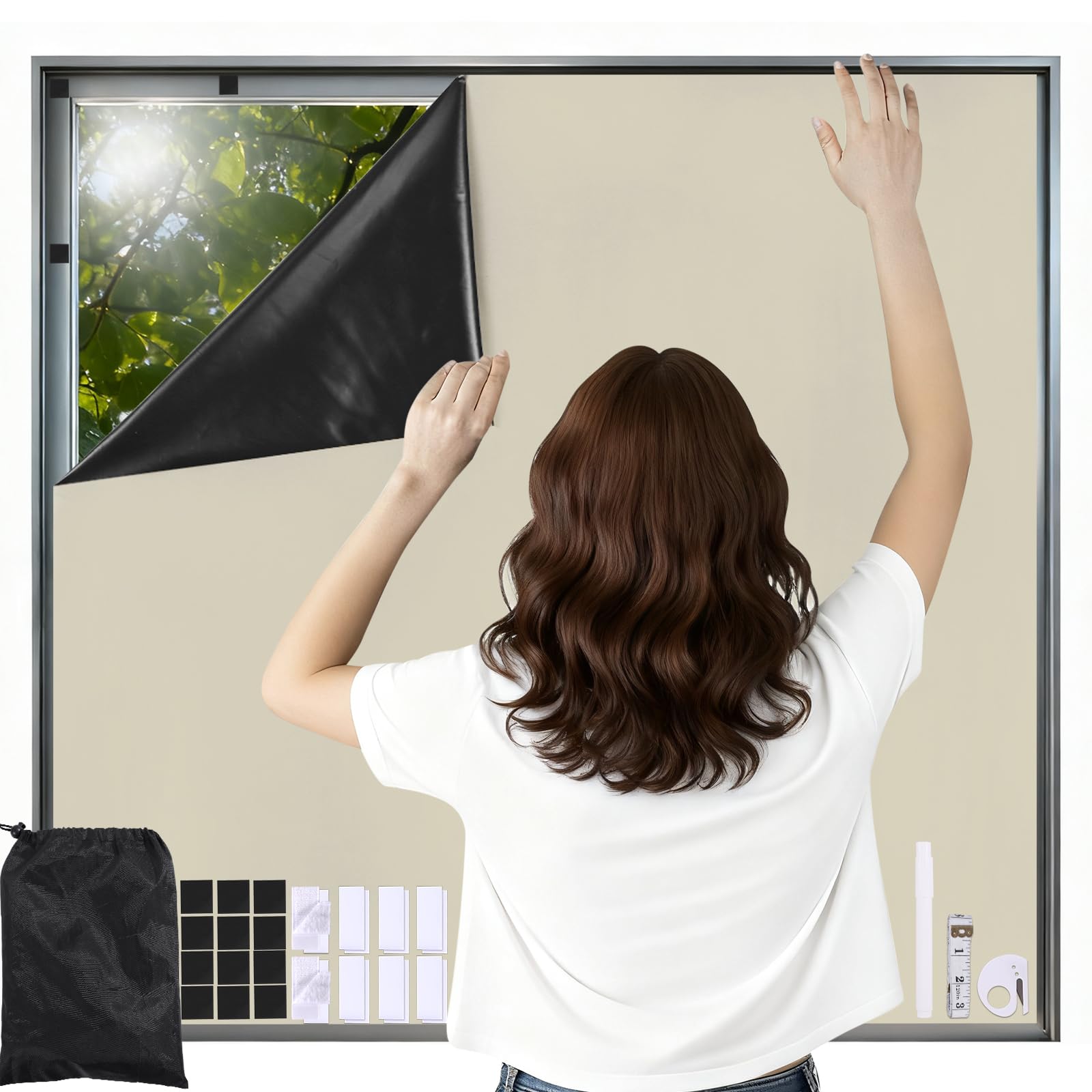 Magnetic Blackout Blinds Stick On No Drill Temporary Blackout Blind Self Adhesive Portable Window Blackout Cover Curtains for Renter Bedroom Bathroom Kitchen Nursery Travel