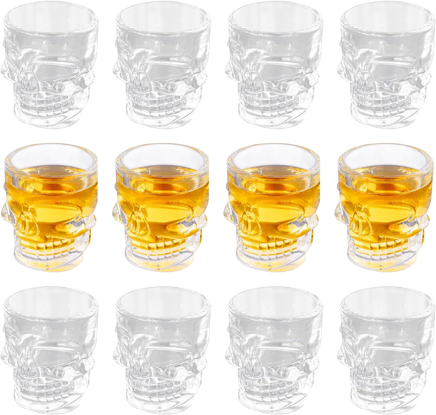 FORYILLUMIFORYILLUMI Skull Face Heavy Base Whiskey Shot Glasses, Set of 12, Clear Shot Drinking Glassware for Party, Wine, Whiskey, Tequila, Cocktail, Beverage, Bar Decor, 1.5 oz