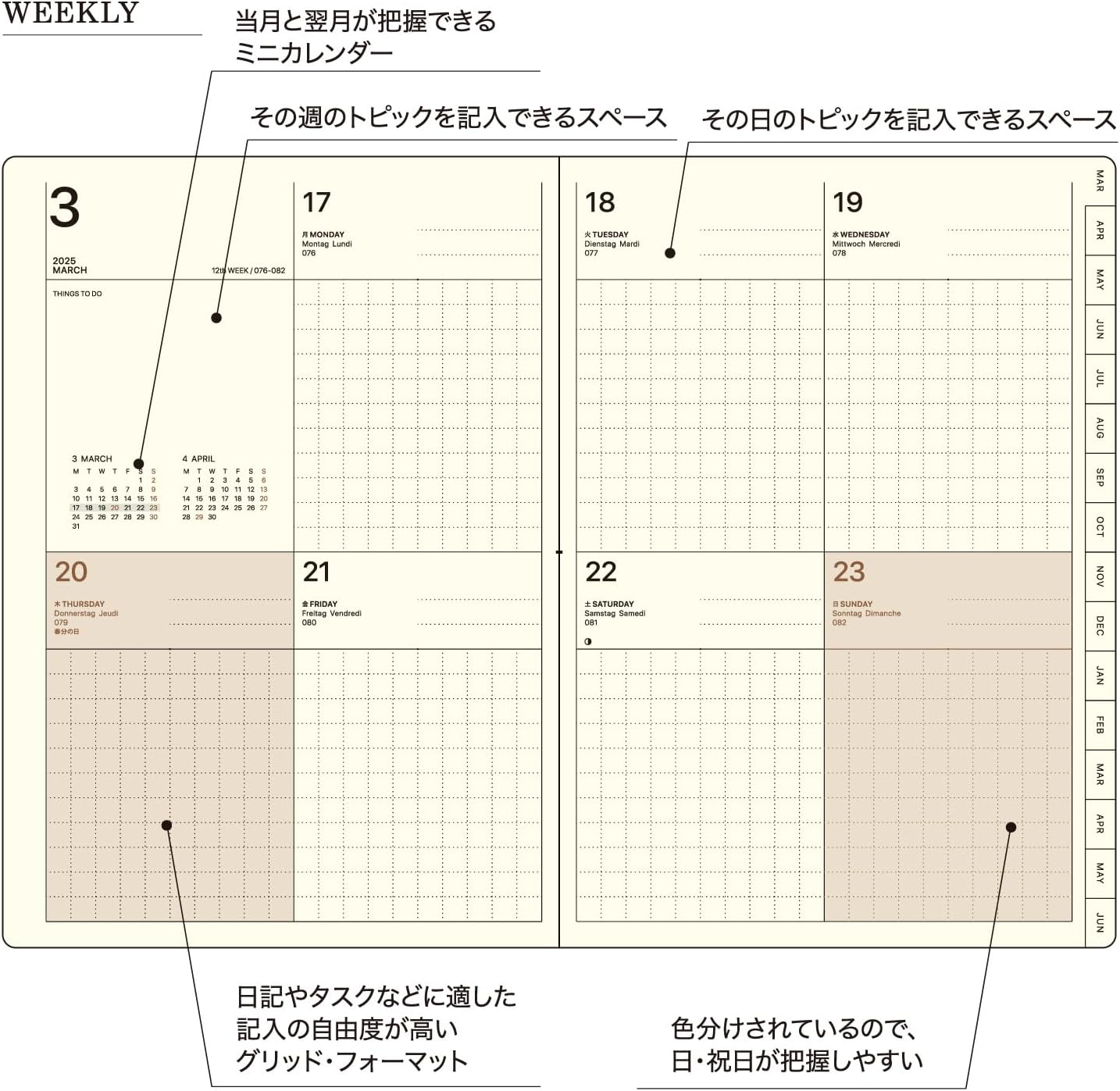 Laconic LKM74-240GY-2 Notebook, Begins in March, 2025, B6, Weekly Pocket, Gray 2