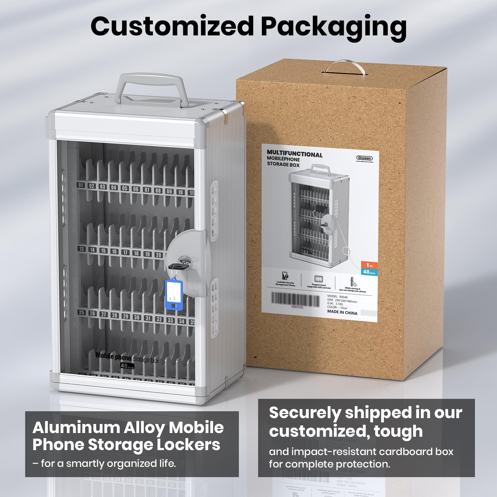 Glosen Casier pour Téléphones 48 Emplacements avec Serrure à Clé et Ports Recharge Type-C, Fixation Murale, Argenté
