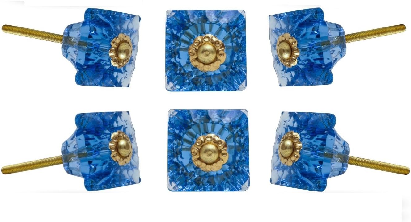 TRINCA-FERRO Set of 6 Glass Door Knobs Interior/Exterior Glass Knobs for Drawer Pull Cabinet Dresser Drawers Decorative Modern Crystal Knobs for Kitchen Bedroom Bathroom : Light Blue (Mammounia)