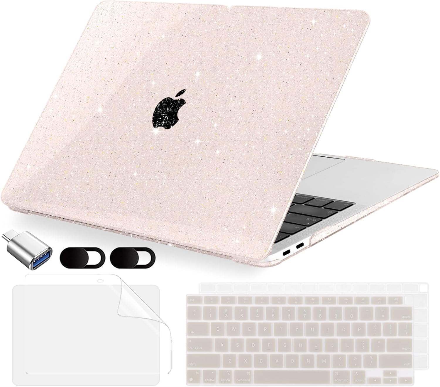 MecBevia Compatible with MacBook Air 13.3 inch Case 2021-2018 Release A2337 M1 A2179 A1932 Touch ID, Plastic Hard Shell&Keyboard Cover&Screen Protector&Webcam Cover&Type-C Adapter, Sparkly SakuPink