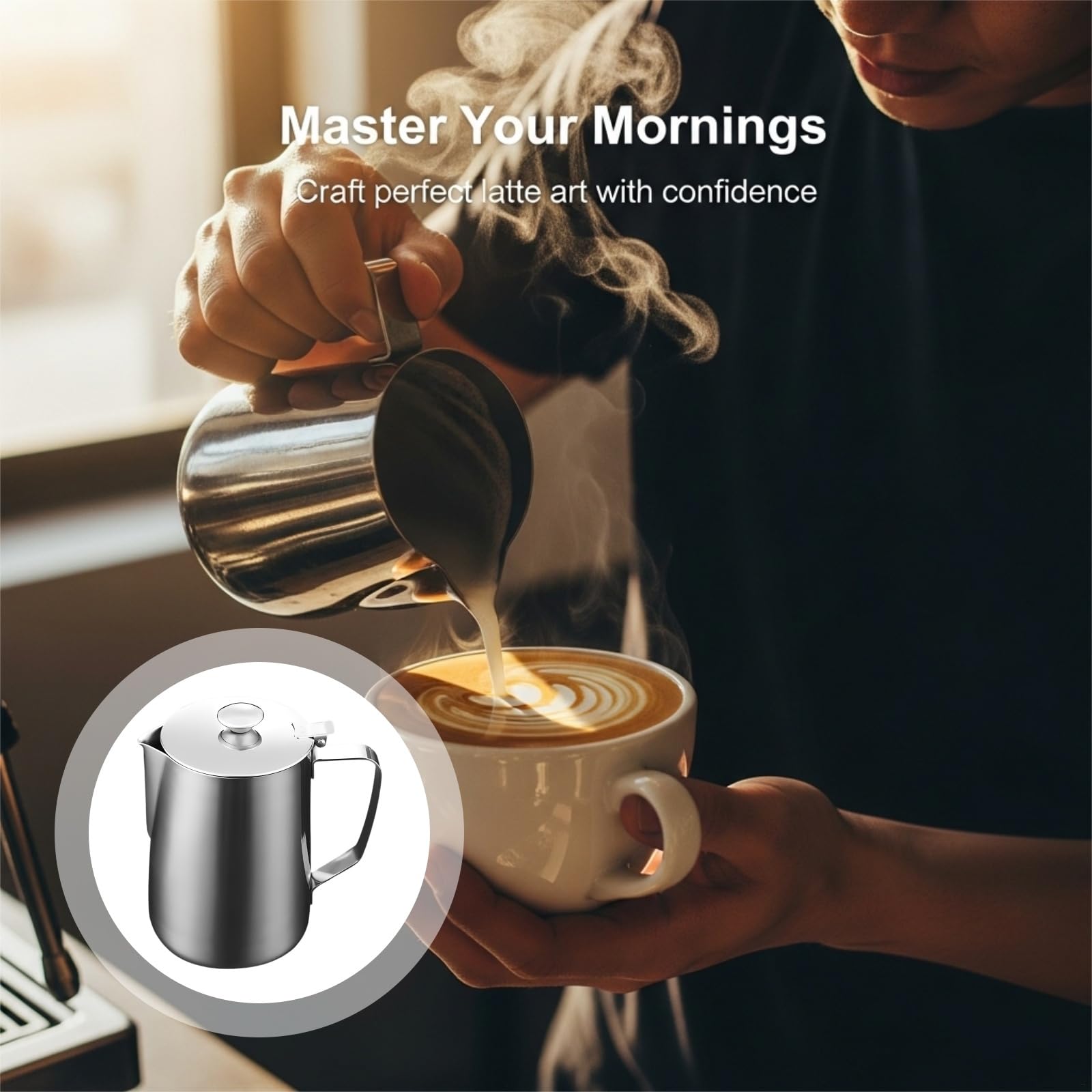 Dzbanek do spieniania mleka ze stali nierdzewnej 2000 ml z pokrywką, dzbanek do latte art, metalowy kubek pomiarowy z uchwytem do cappuccino