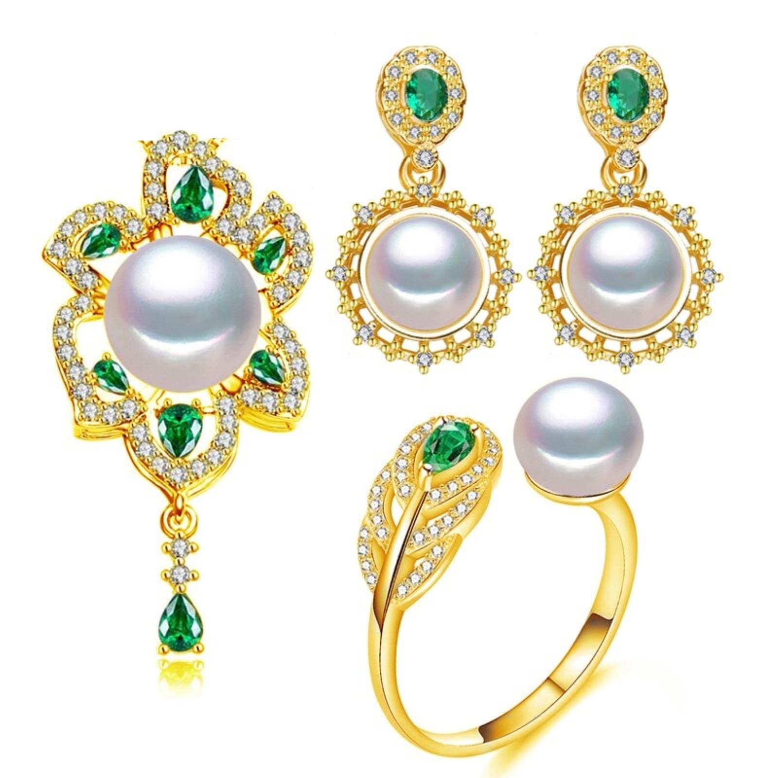 Natürliche Perle Anhänger Halsketten Für Frauen Gold Farbe Schmuck Sets Mode Smaragd Ohrstecker Party Ring
