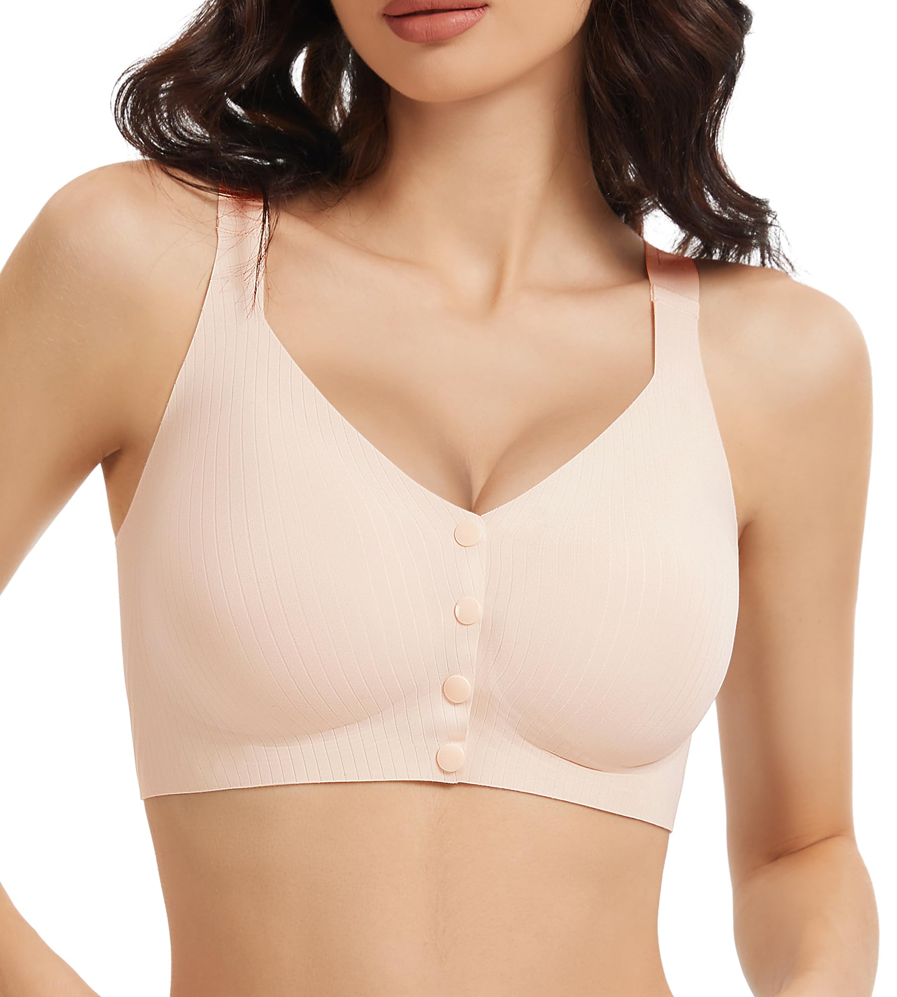 Gailife V Neck Jelly Front Closure Bras for Women Wireless Full Coverage Mastectomy Bralettes Seamless Everyday Bra
