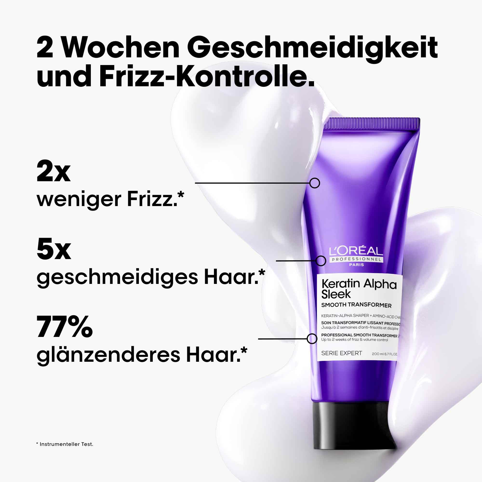 L'Oréal Professionnel Keratin Alpha Sleek Smooth Transformer Glättungspflege für alle Haartypen, für Geschmeidigkeit, Frizz- & Volumen-Kontrolle, schnelleres Styling, 200ml