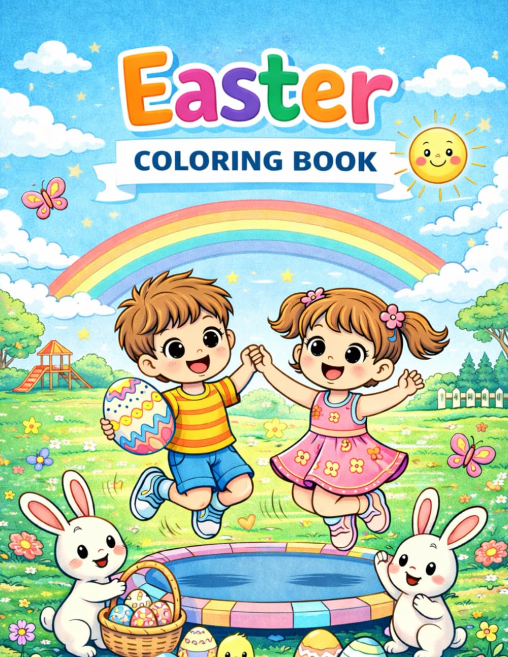 Cute Easter Kids Coloring Book: Fun Easter Coloring Pages with Cute Kids, Eggs, Bunnies and Spring Scenes for Ages 4-13