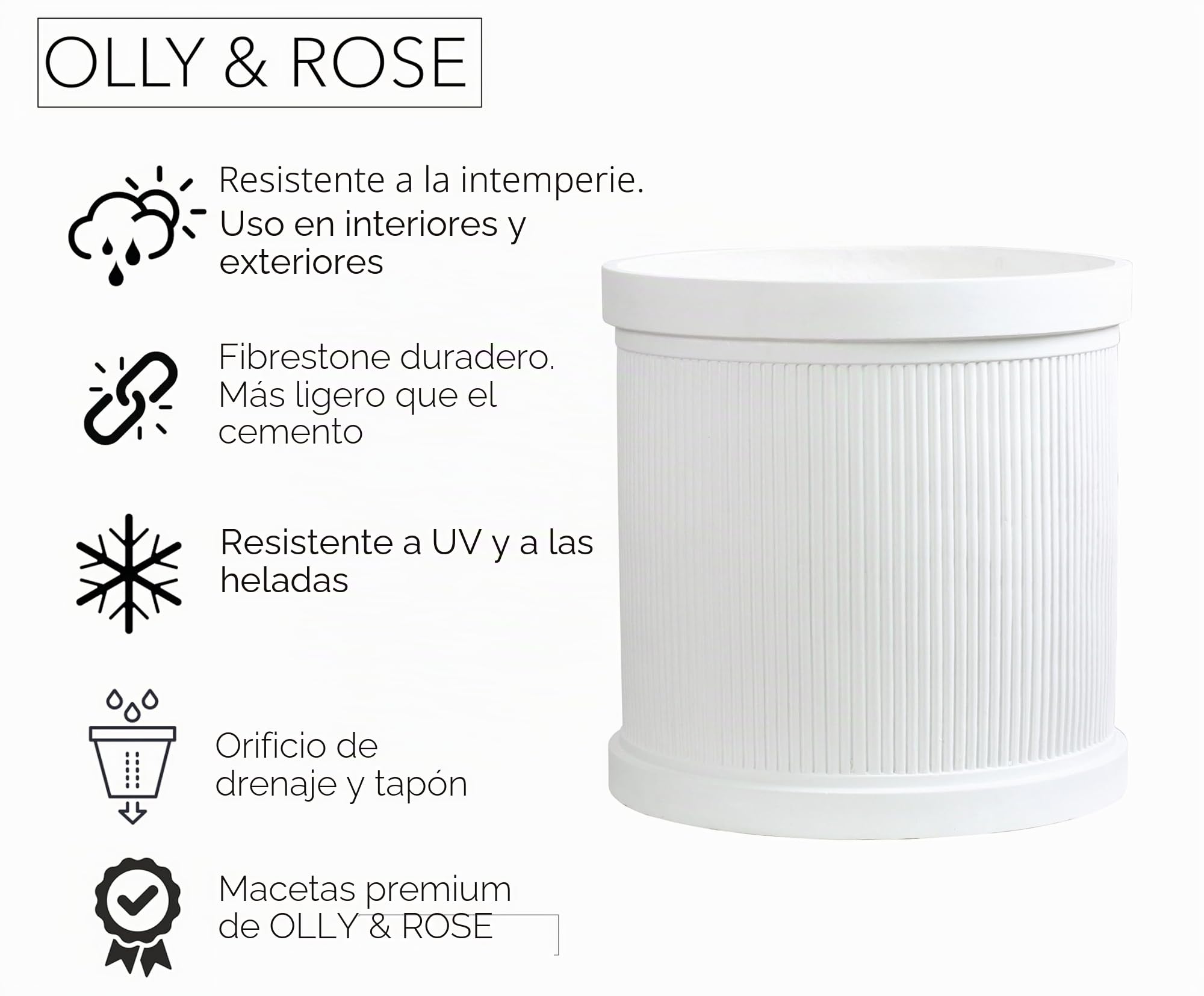 Olly & Rose Maceta de fibra acanalada XL de 45 cm, color blanco mate