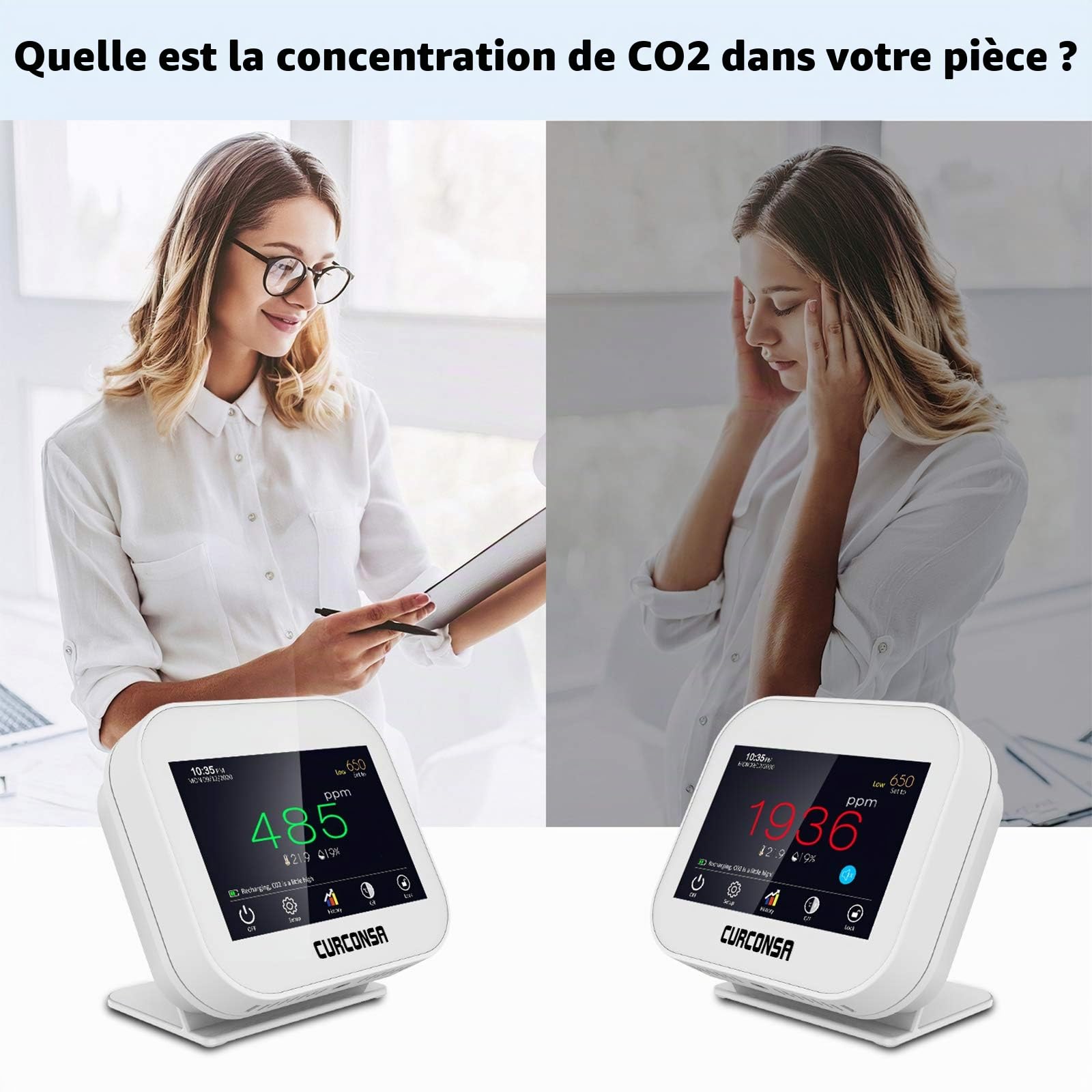 Détecteur de CO2 CURCONSA, Capteur de CO2 NDIR à Double Canal, Stockage et Exportation de Données, Écran Tactile, Mesure CO2 Température et Humidité, Alimentation Externe Obligé via port USB, Blanc