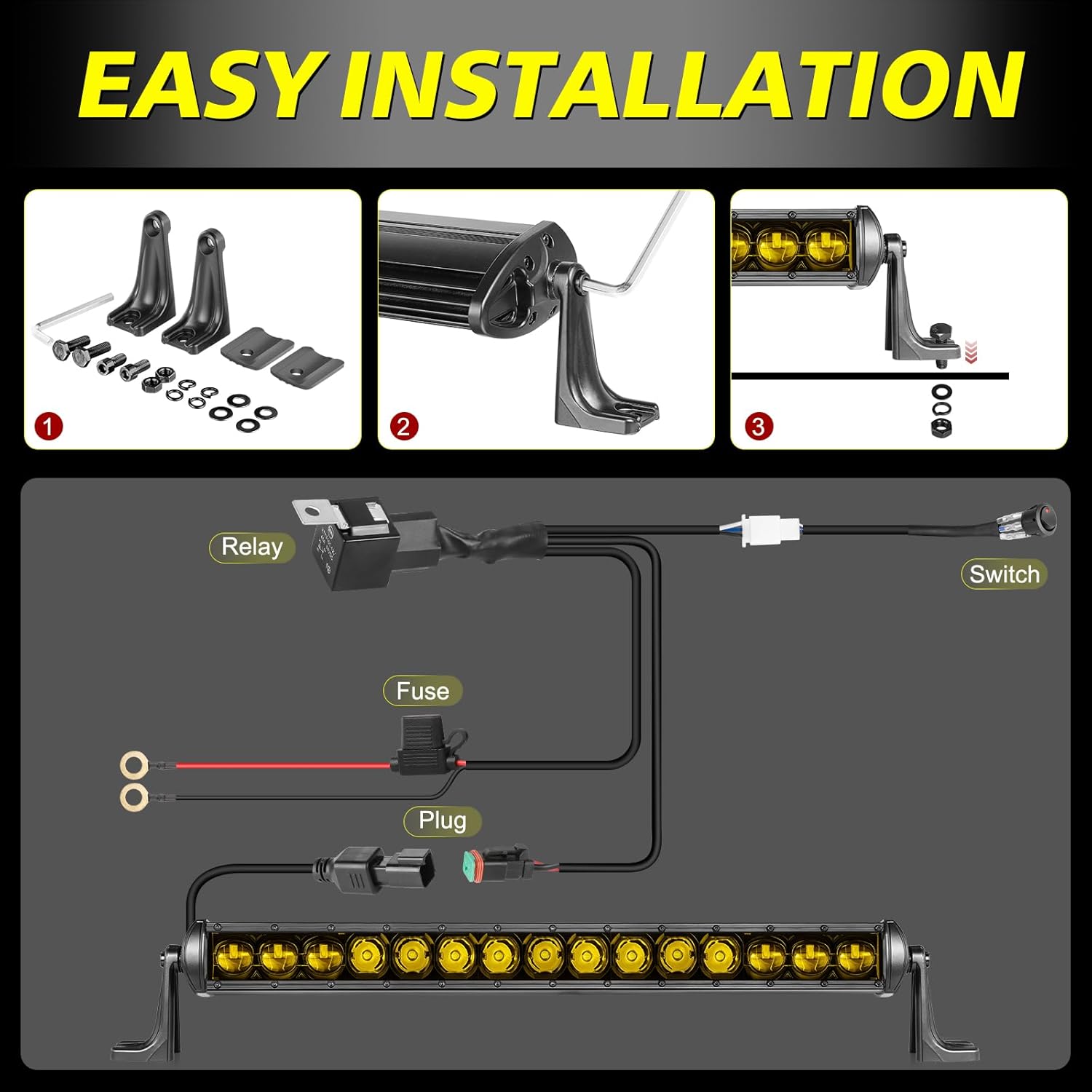 20 Inch Amber Light Bar 105W OSRAM LED Slim Single Row Light Kit w/Wiring Harness Black Cover Spot Flood Combo Off Road Driving Bumper Grill Lights for Trucks Pickup SUV UTV ATV Snowmobile