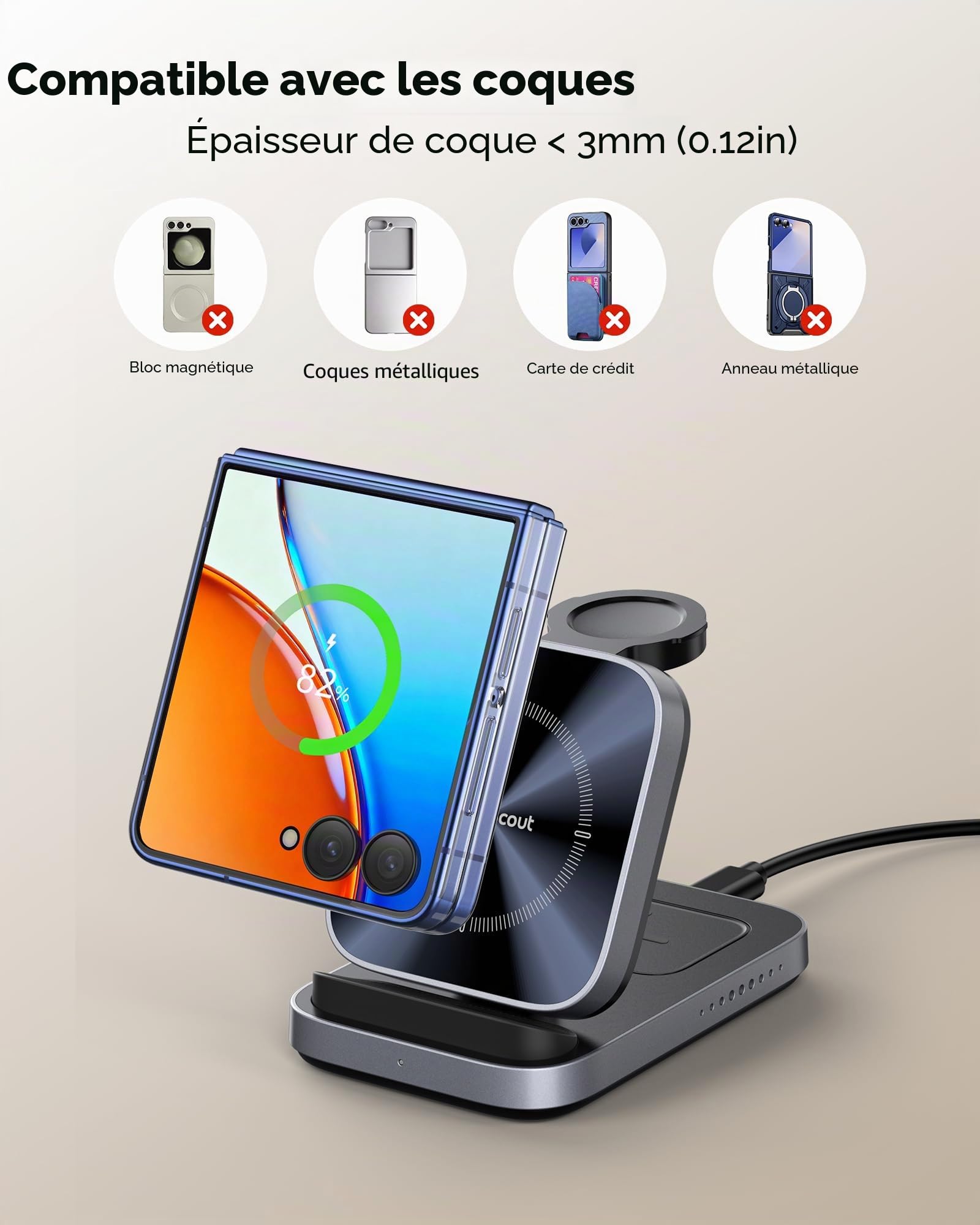 3-en-1 Chargeur Induction pour Samsung Z Flip 8/7/Galaxy Watch 8/Ultra/7/6 | Station de Charge pour Z Flip 6/5/Moto Razr 70/60, Chargeur sans Fil pour Galaxy Watch, Pliable pour Voyage, Sans Adaptateur