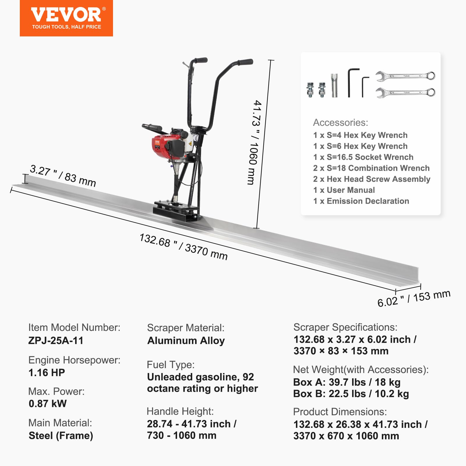 VEVOR Chape électrique pour béton à gaz 3370 mm kit flotteur barre aluminium 6500 tr/min finition ciment 4 temps poignées réglables