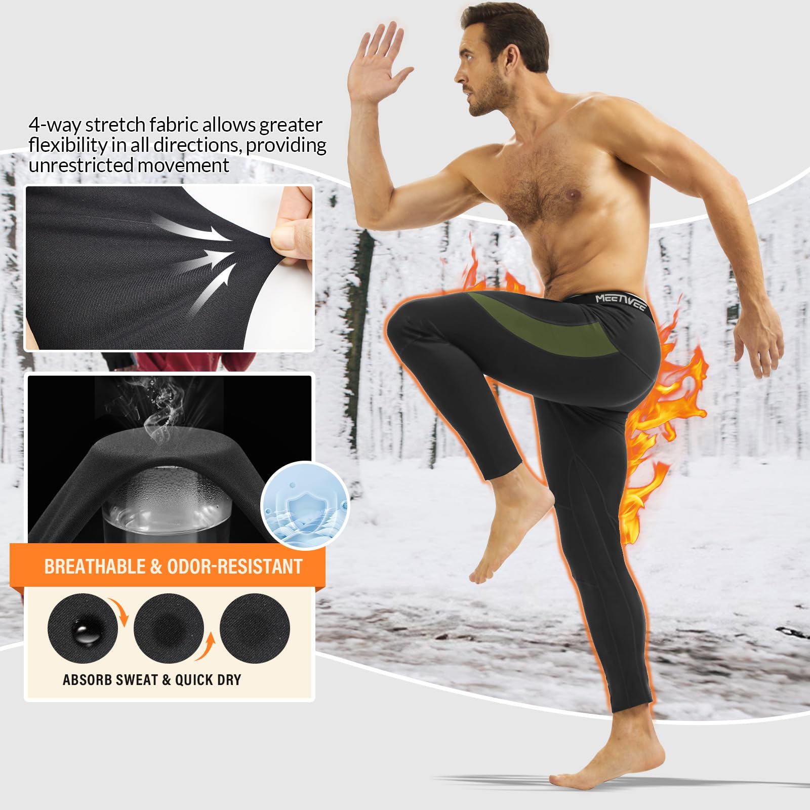 MEETWEE Pantalon Thermique Homme sous-vêtement Hiver Doublé Polaire Base Layer pour Ski et Randonnée