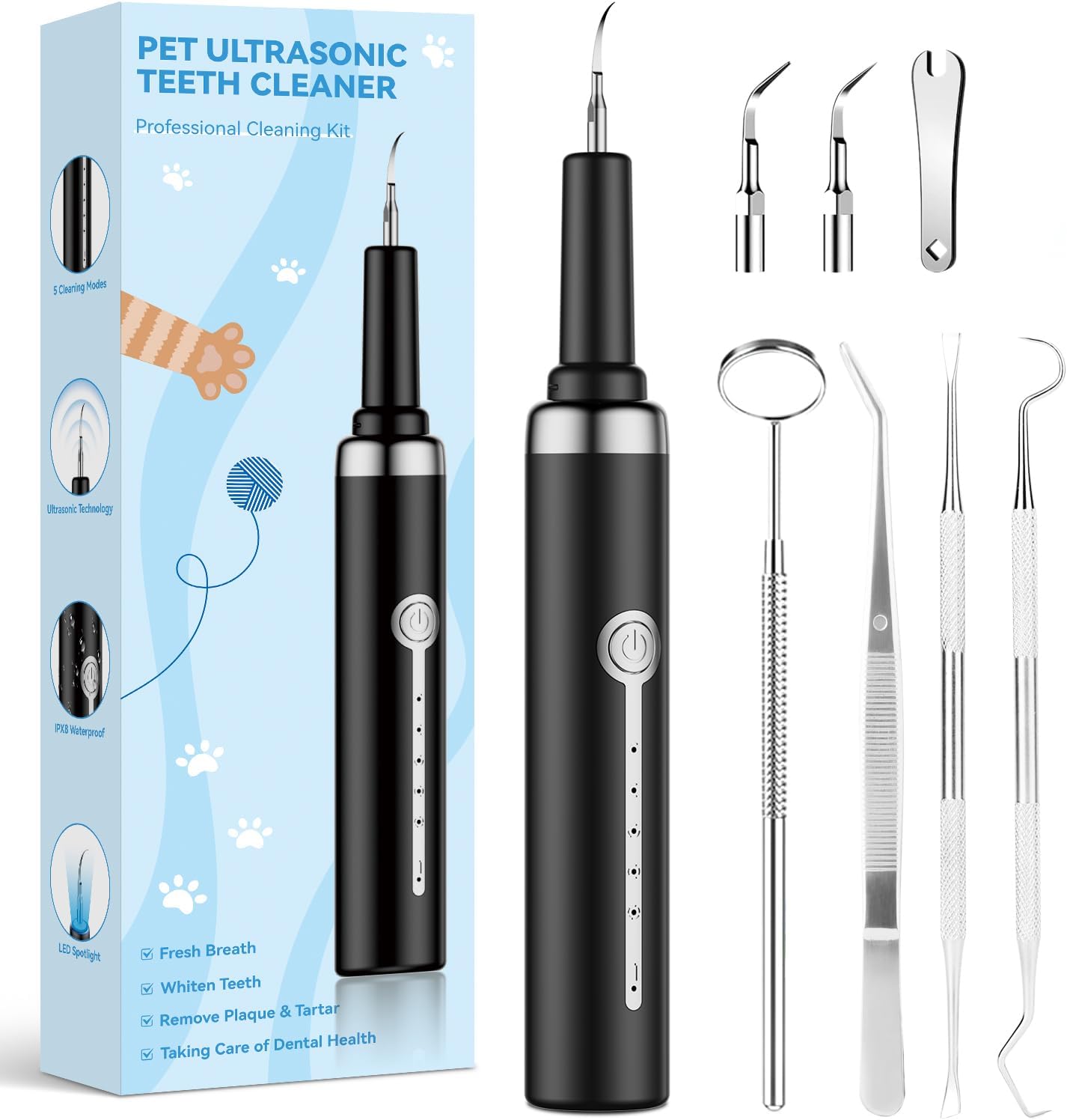 Dog Plaque Tartar Remover for Teeth, Pet Ultrasonic Tooth Cleaner, Dental Tools Cleaning Kit for Teeth Stains for Dogs & Cats with 5 Modes,Black