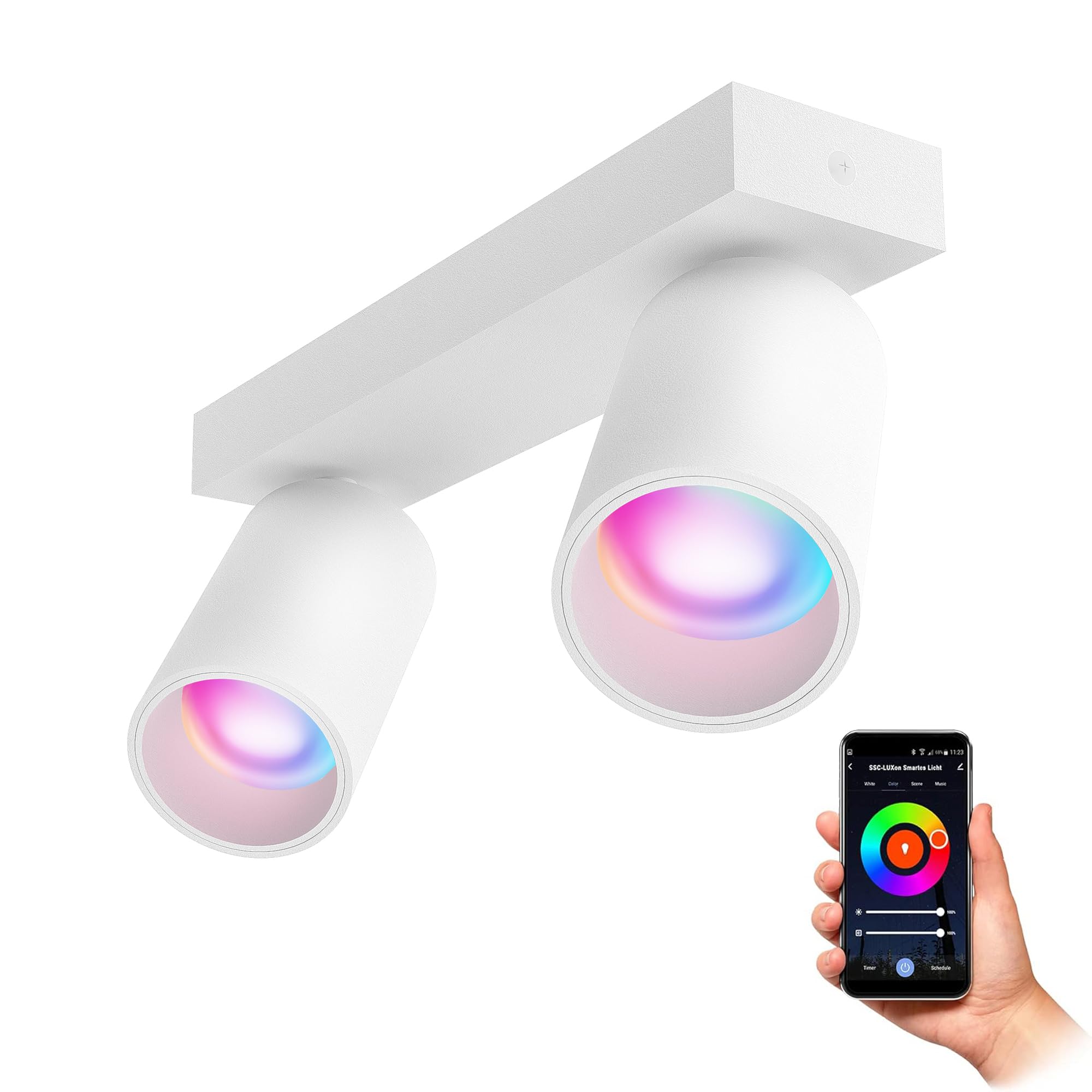 SSC-LUXon NUVIO Deckenstrahler 2-flammig weiß Smart GU10 LED WLAN RGBW App | Zweiflammiger Spotbalken weiß - per App & Alexa steuerbar, RGB-Farblicht, Köpfe schwenkbar für Wohnzimmer & Küche, ohne Hub