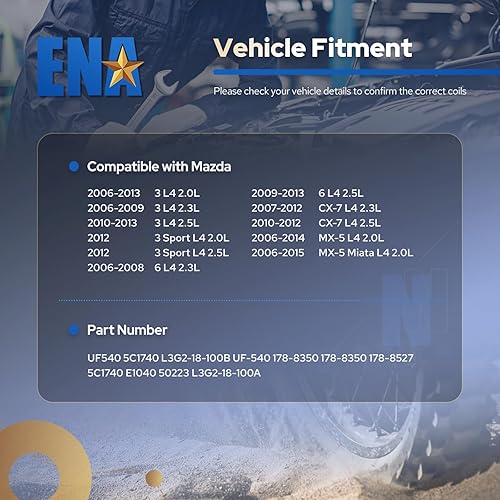 Miniatura 7 de ENA Juego de 4 bobinas de encendido compatibles con Mazda 3, 6, CX-7, MX-5, L4, 2.0L, 2.3L, 2.5L, repuesto para C1683, UF540, 3 pines