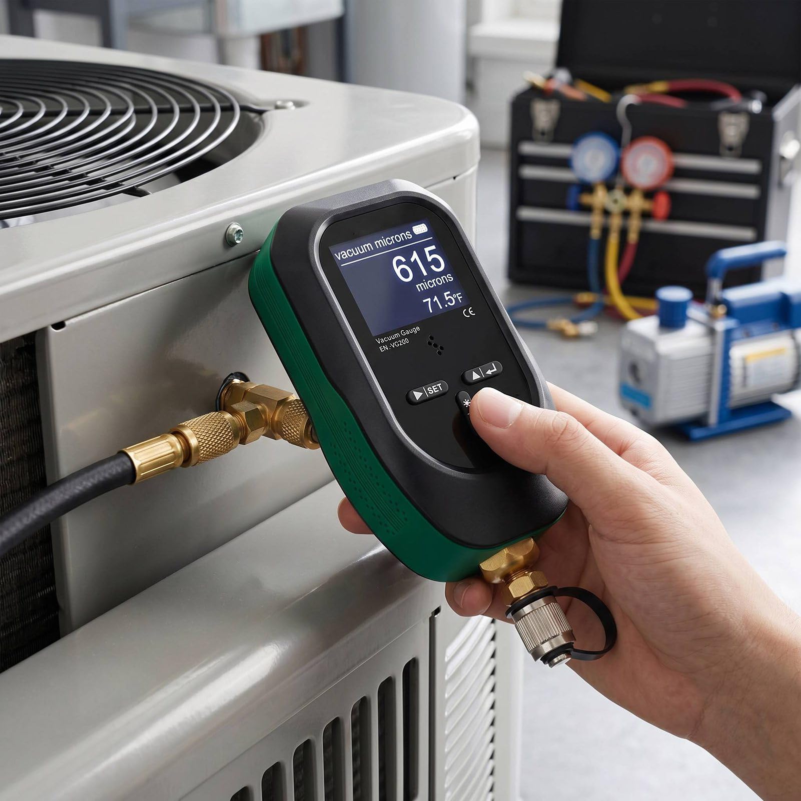 Keenso Medidor de Vacío Digital, Probador HVAC Preciso de 75000 Micras para Sistemas de Refrigeración, Construcción ABS, Ajuste SAE de 1/4 Pulgadas