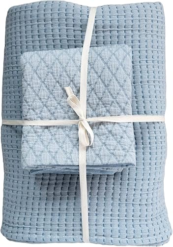 Creative Co-Op Cama de algodón Kantha cosida 2 fundas acolchadas, tamaño King, juego de 3 piezas, funda de edredón azul