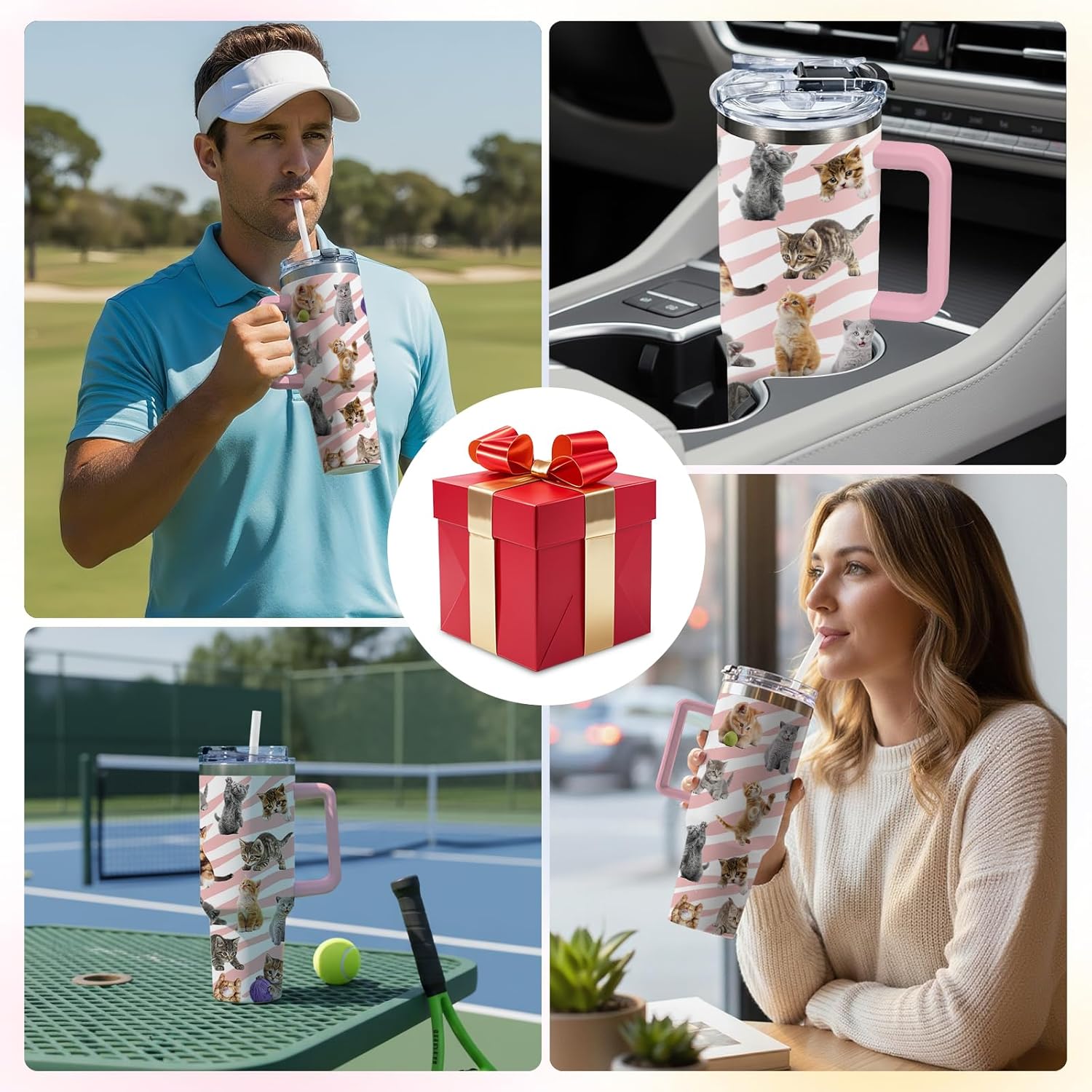 Cute Cats Tumbler, 40 oz Insulated Stainless Steel Tumbler with Handle and Straw, Large Capacity Travel Mug with Lid, Double Wall Vacuum Cup - Image 6