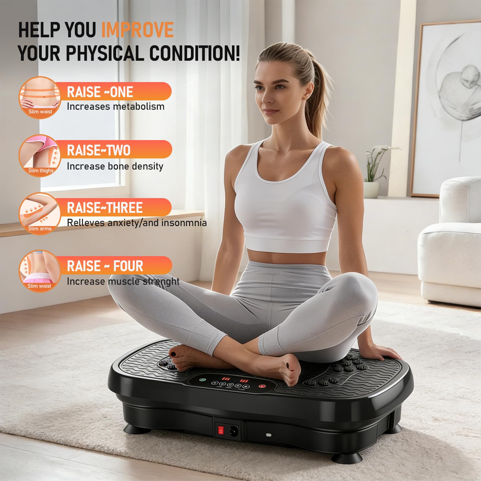 Plateforme Vibrante Perte de Poids, Plaque vibrante Fitness avec 120 Niveaux d’Intensité et 5 Programmes, avec Bandes de Résistance et Télécommande, Écran LED, Plateformes Vibrantes et Oscillantes