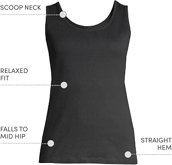 Lands' End Women's Cotton Tank Top | 100% Cotton Interlock, Wide Straps, Modest Armholes, Prewashed, Mid-Hip Length, Layering, Petite and Plus