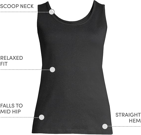 Lands' End Women's Cotton Tank Top | 100% Cotton Interlock, Wide Straps, Modest Armholes, Prewashed, Mid-Hip Length, Layering, Petite and Plus