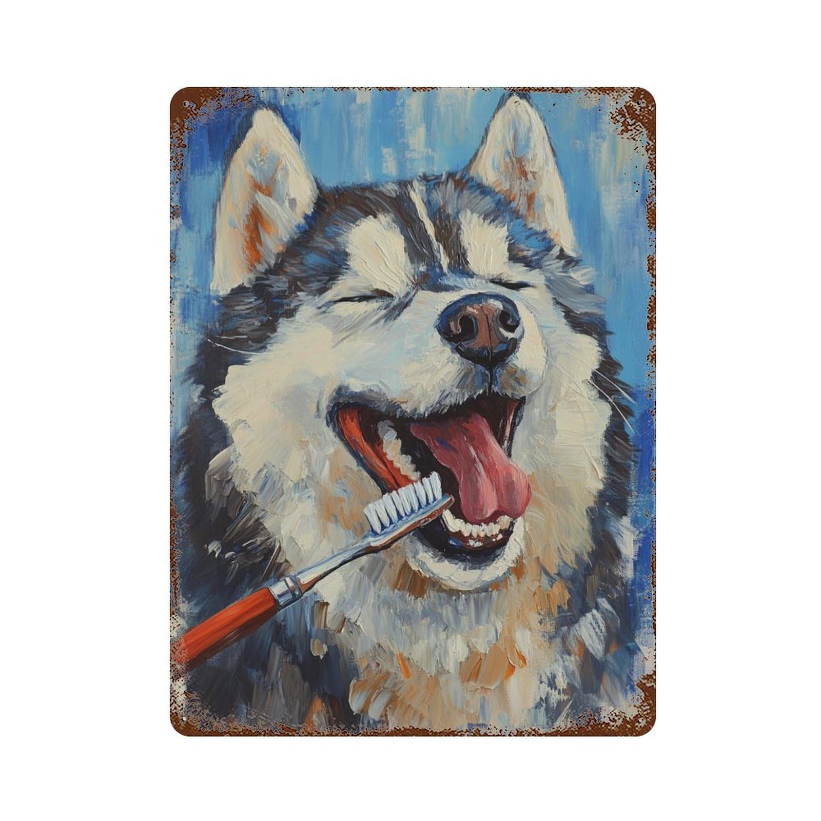 Garage Style Husky Dog Brushing Teeth Painting Distressed Metal Wall Sign 15.7"x11.8", Retro Wall Decor for Bar And Workshop