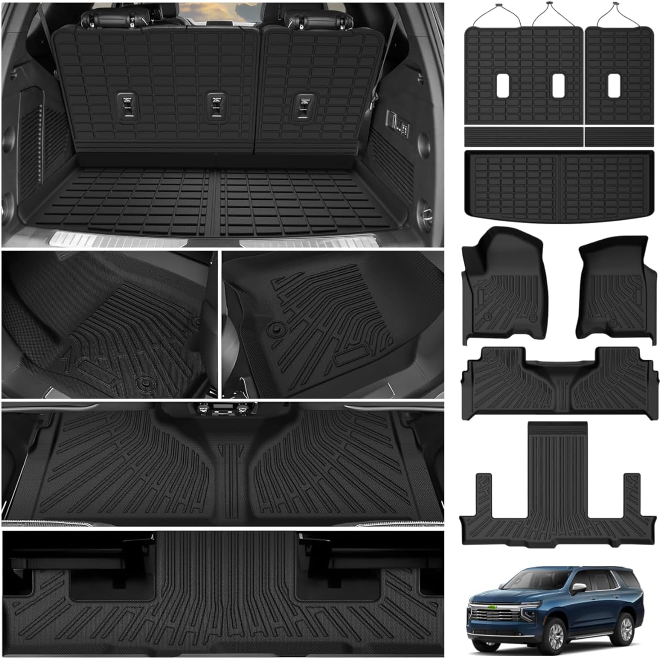 Powerty Floor Mats for 2021-2025 2026 Chevrolet Chevy Tahoe/GMC Yukon 7 Passenger Car Mats, All Weather TPE Custom Cargo Liner Seat Back Covers Protectors Full Set Car Accessories (Not for Yukon XL)