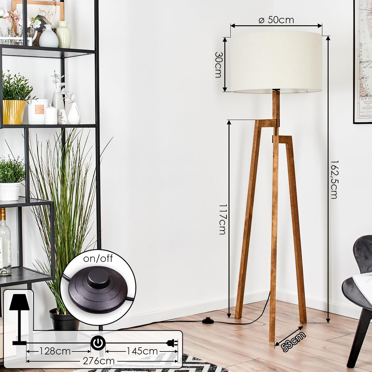 HOFSTEIN Stehleuchte Flemming, Stehlampe aus Holz im modernen Boho-Design, Schirm aus Stoff, Ø 50 cm, 162,5 cm, E27, mit Fußschalter - Wohnzimmer, Schlafzimmer, Esszimmer, Flur