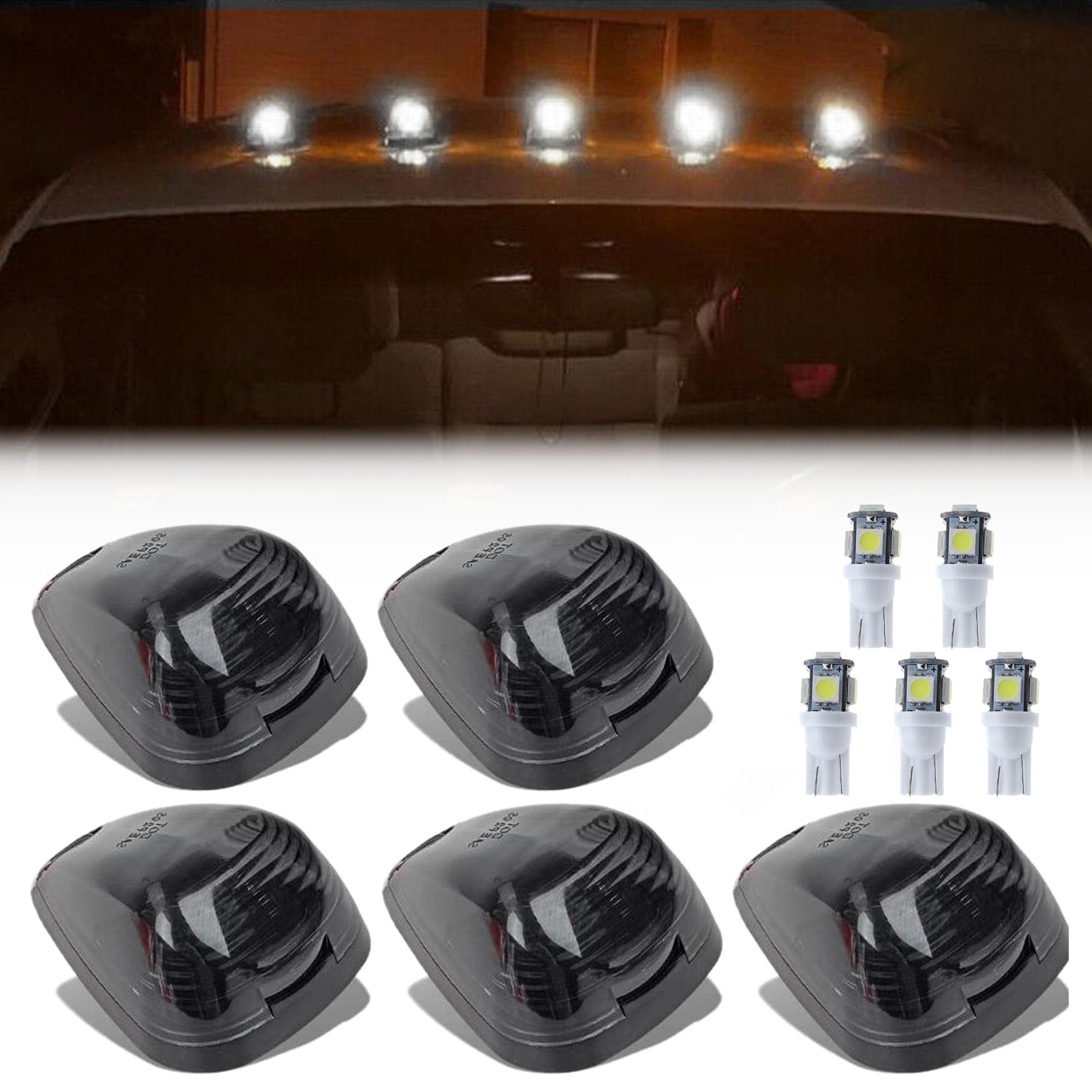 5X Black Smoke Lens Cab Roof Marker Running Lamps Compatible with White LED Lights for Ford F150 F250 F350 F450 F550 F650 F750 E150 E250 E350 E450 1999-2016 - Super Duty Pickup Trucks