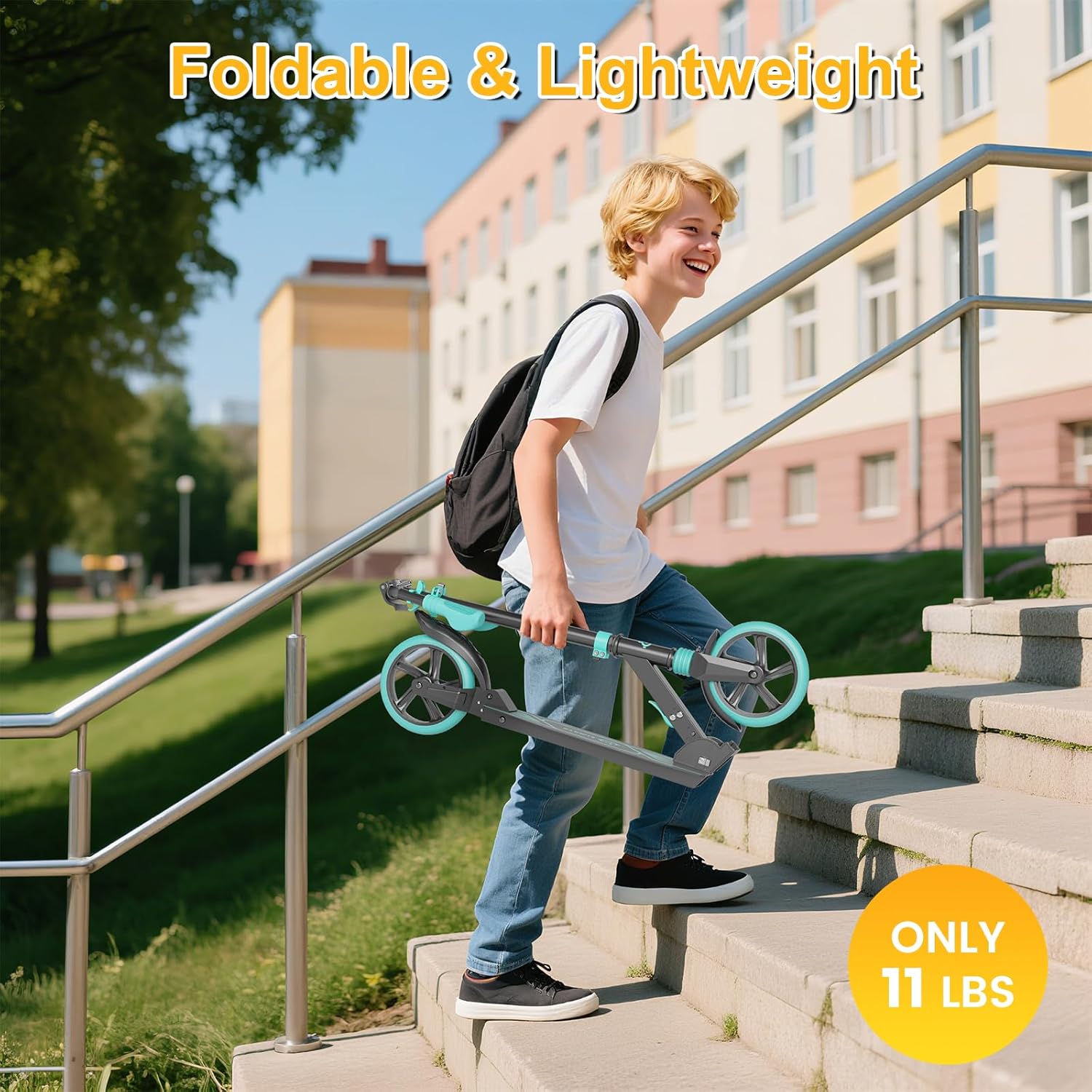 SIMATE Kick Scooter for Kids Teens & Adults, 3 Adjustable Heights, 8IN All Terrain Big Wheels, Dual Suspension, Foldable and Lightweight, Gifts for Girls Boys