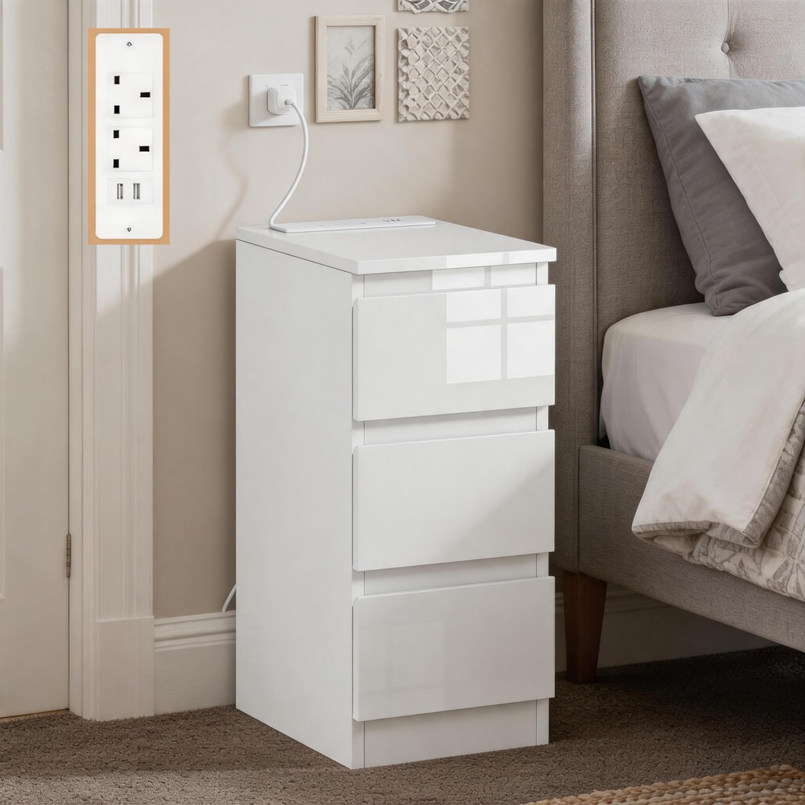 Homullel 25cm Narrow Bedside Cabinet 3 Drawers Slim Bedside Table with Charging Station Small Nightstand Bed Side Table for Bedroom Living Room (3 Drawers+Charging, High Gloss White)