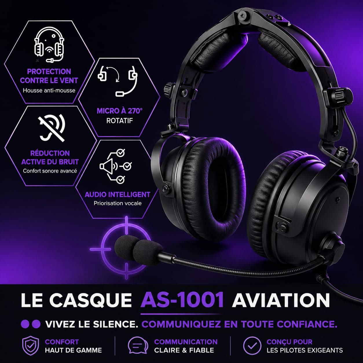 ANR Aviation Casque avec Bluetooth - Réduction active du bruit - Casque pilote pour avion et simulateur - Casque antibruit avec microphone, entrée AUX - Coussinets confortables