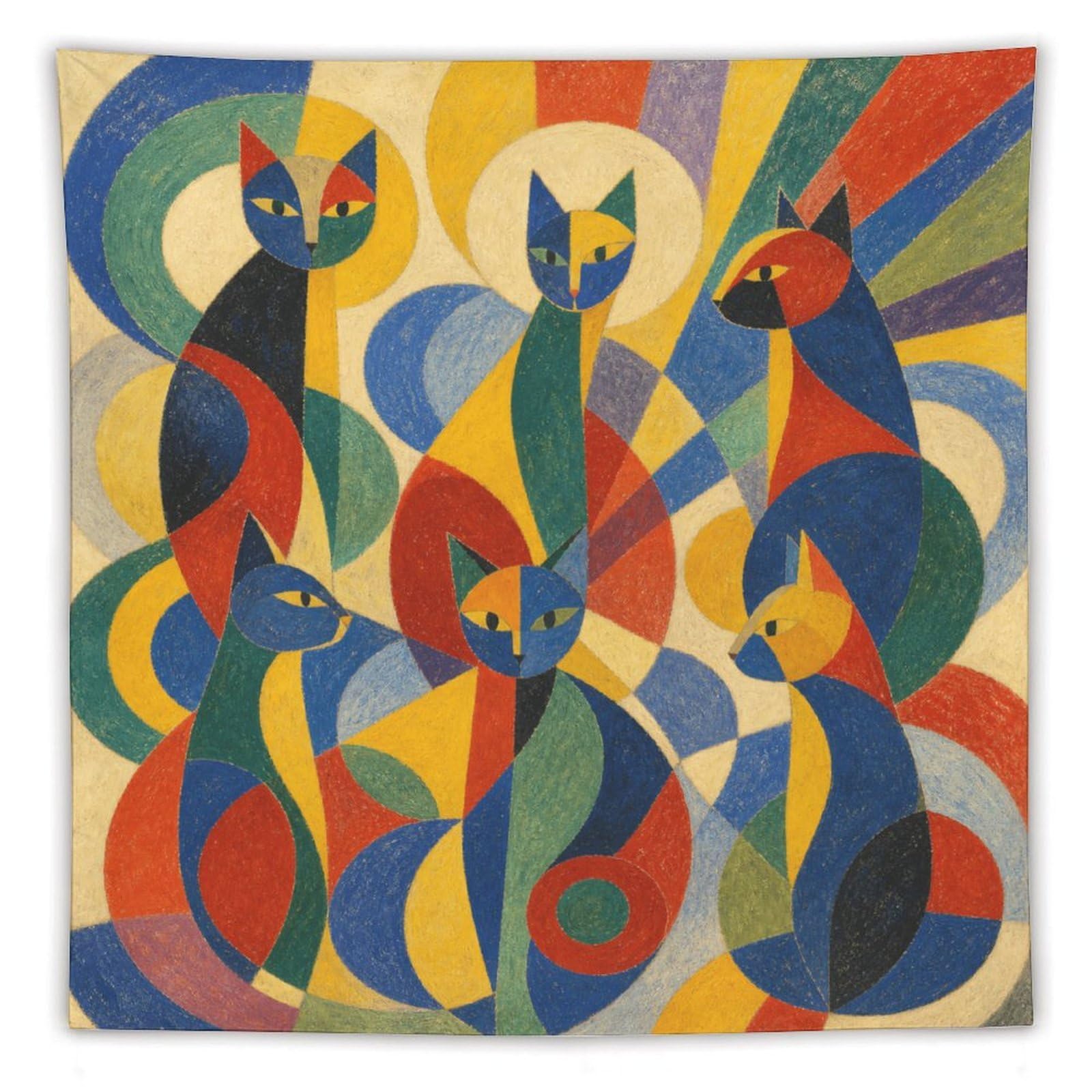 H3B8U2Y5 Colorful Cat Group Wall Tapestry, Geometric Art Style, Pop Art