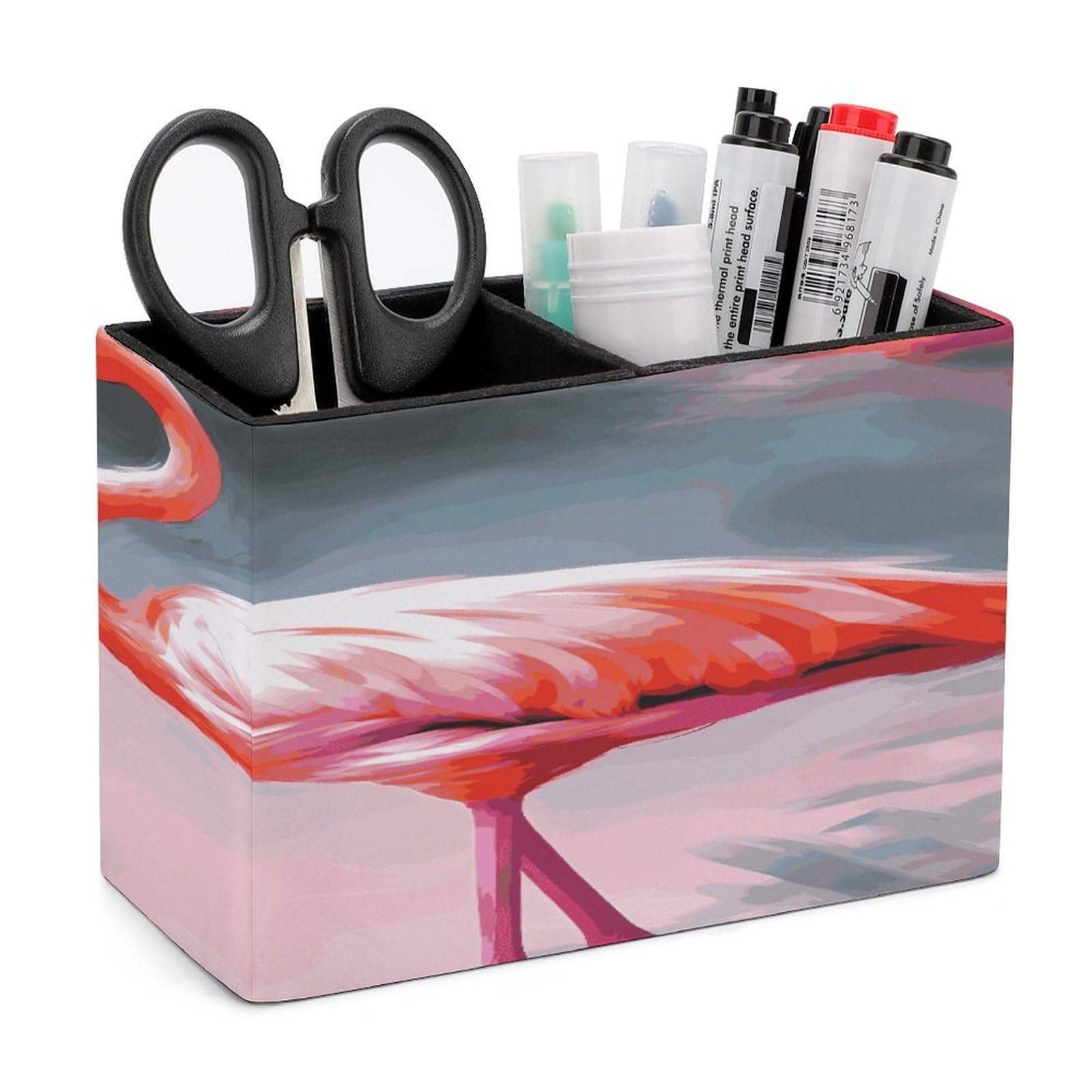LDGSUPH Painting Flamingo Leather Pen Holder for Desk Organizer Caddy Large Pencil Cup Multi-function Pencil Holder Makeup Brush Holders Pen Organizer for Home Office Storage Box