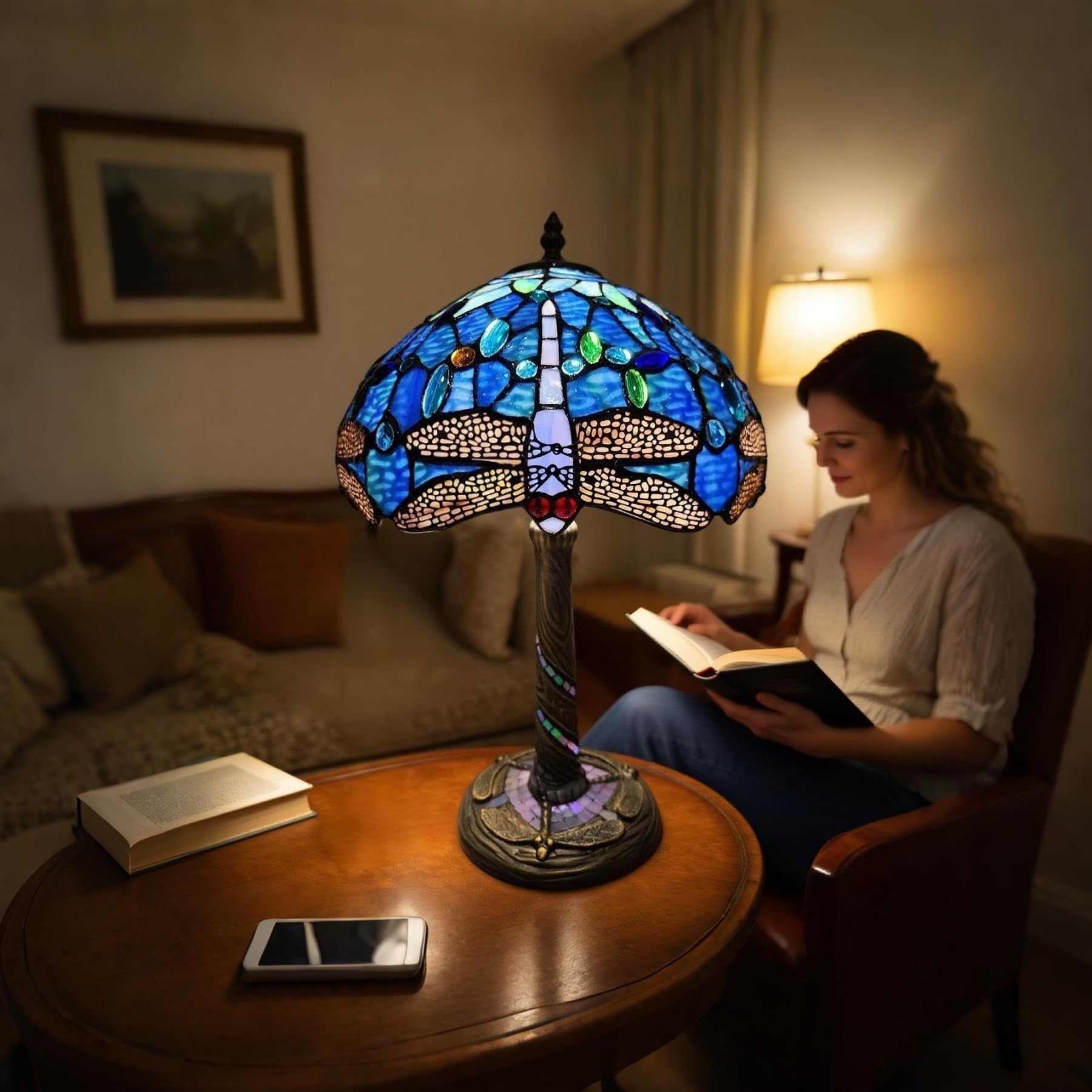 3EShinesys Tiffany-Style Table Lamp, 12" Blue Dragonfly Handmade Stained Glass Lamp Shade, Vintage Reading Light for Bedroom Living Room, LED Bulb Included
