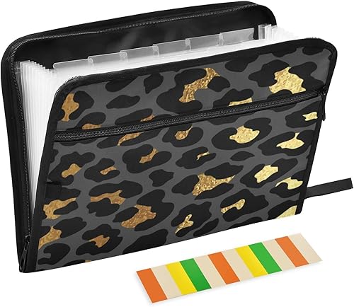 Carpeta de archivos expandible de piel de leopardo de color negro y dorado con etiquetas, organizador de archivos de acordeón de lujo con