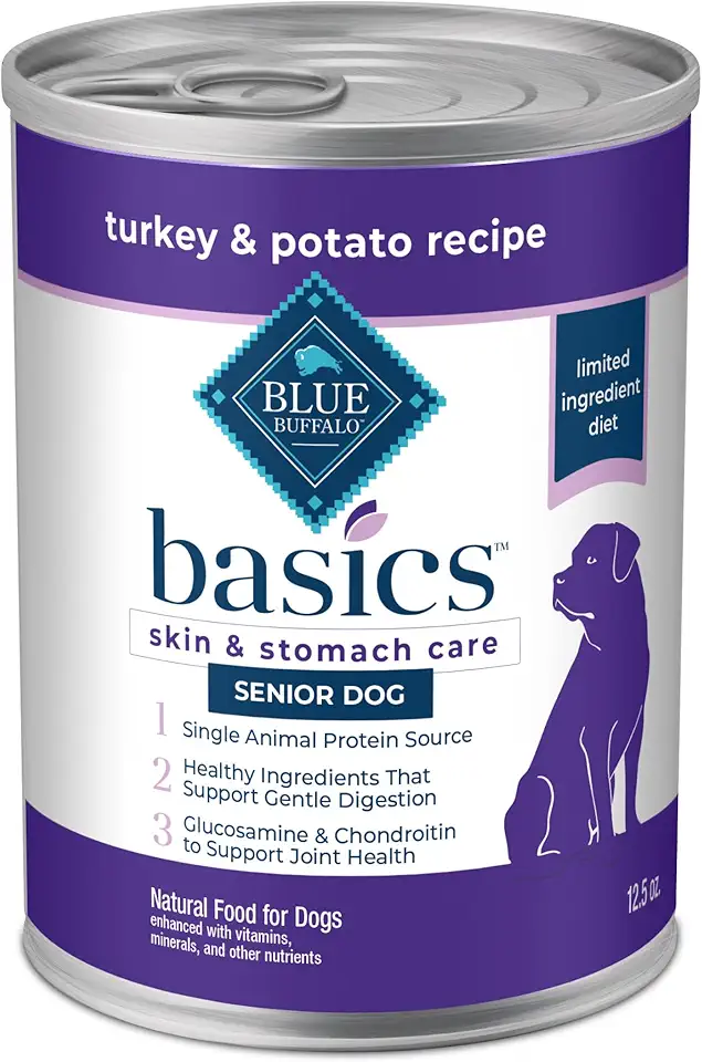 Blue Buffalo Basics Grain-Free Senior Wet Dog Food, Skin &amp; Stomach Care, Limited Ingredient Diet, Turkey Recipe, 12.5-oz. Cans, 12 Count