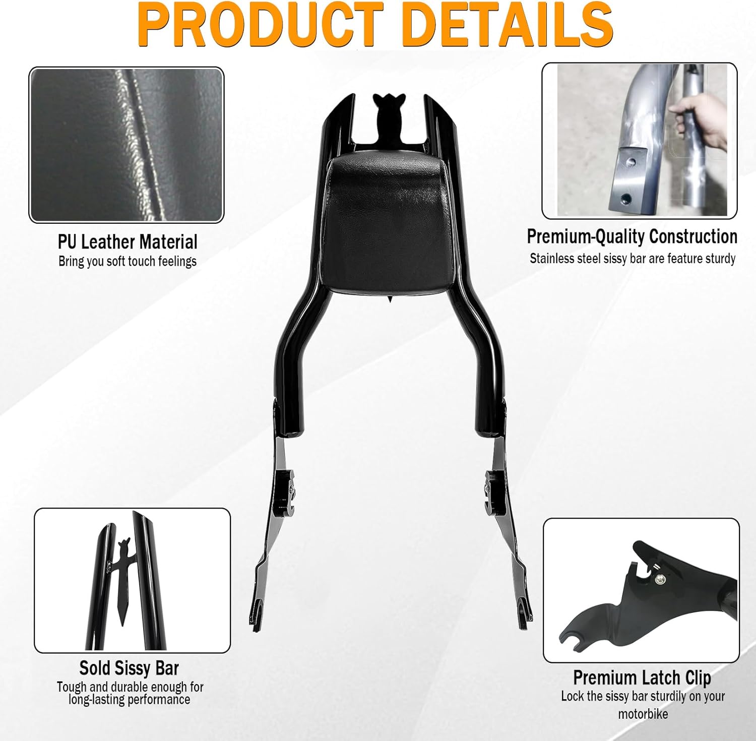 17" Black Road Glide Sissy Bar, 1 1/2" Bar Detachable Passenger Backrest Rear Pad Compatible for Harley Touring Models 2009-2023 Street Glide Road King Ultra CVO Limited Electra Glide